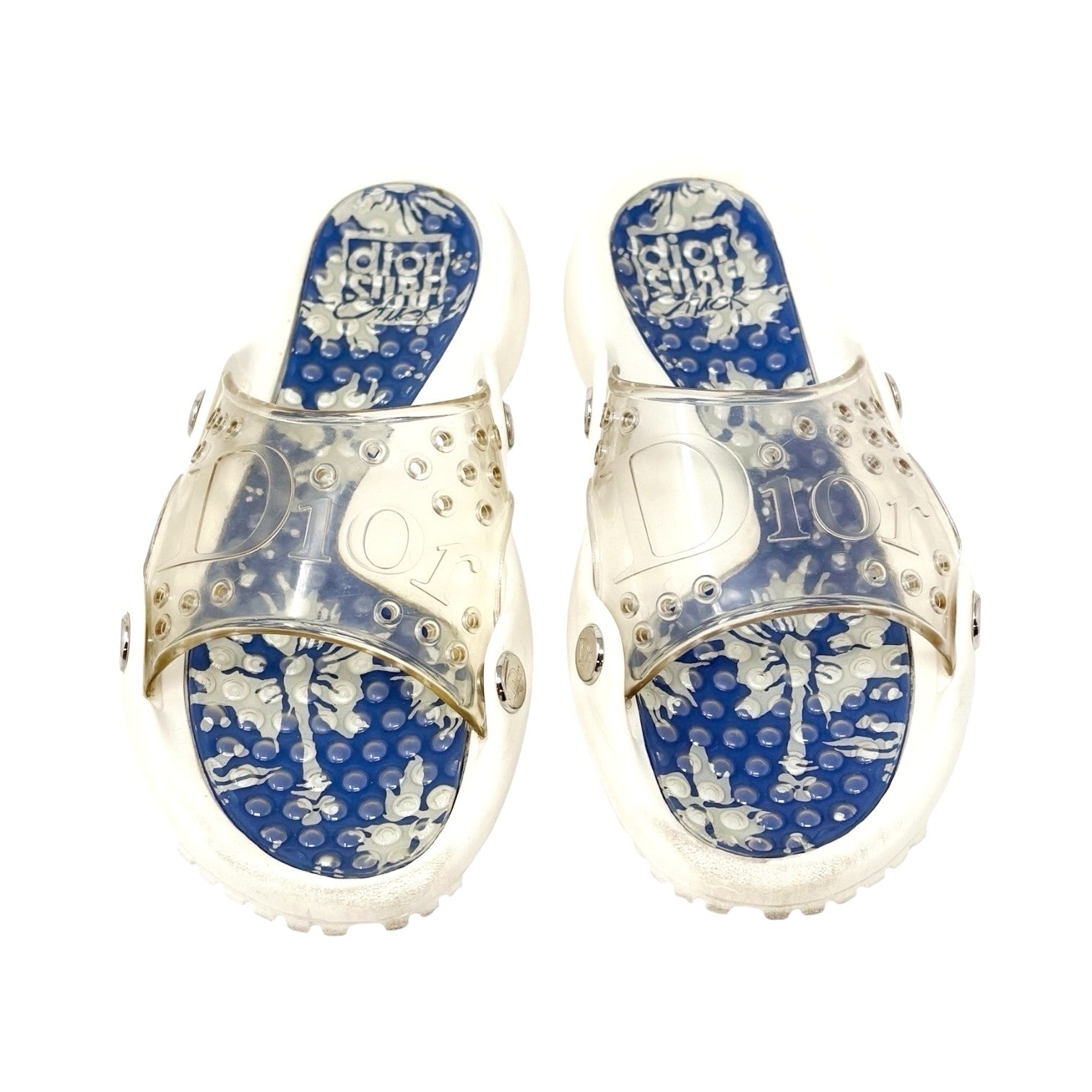 Christian Dior Vintage CD Logo Surf Chick Beach Sandals #38 White Blue Rubber