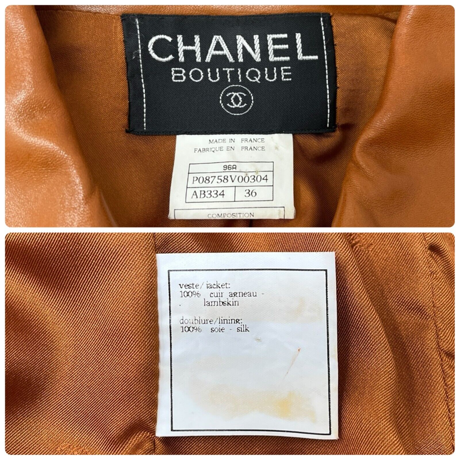 CHANEL Vintage 96A CC Logo Long Sleeve Jacket #38 Brown Gold Button Leather