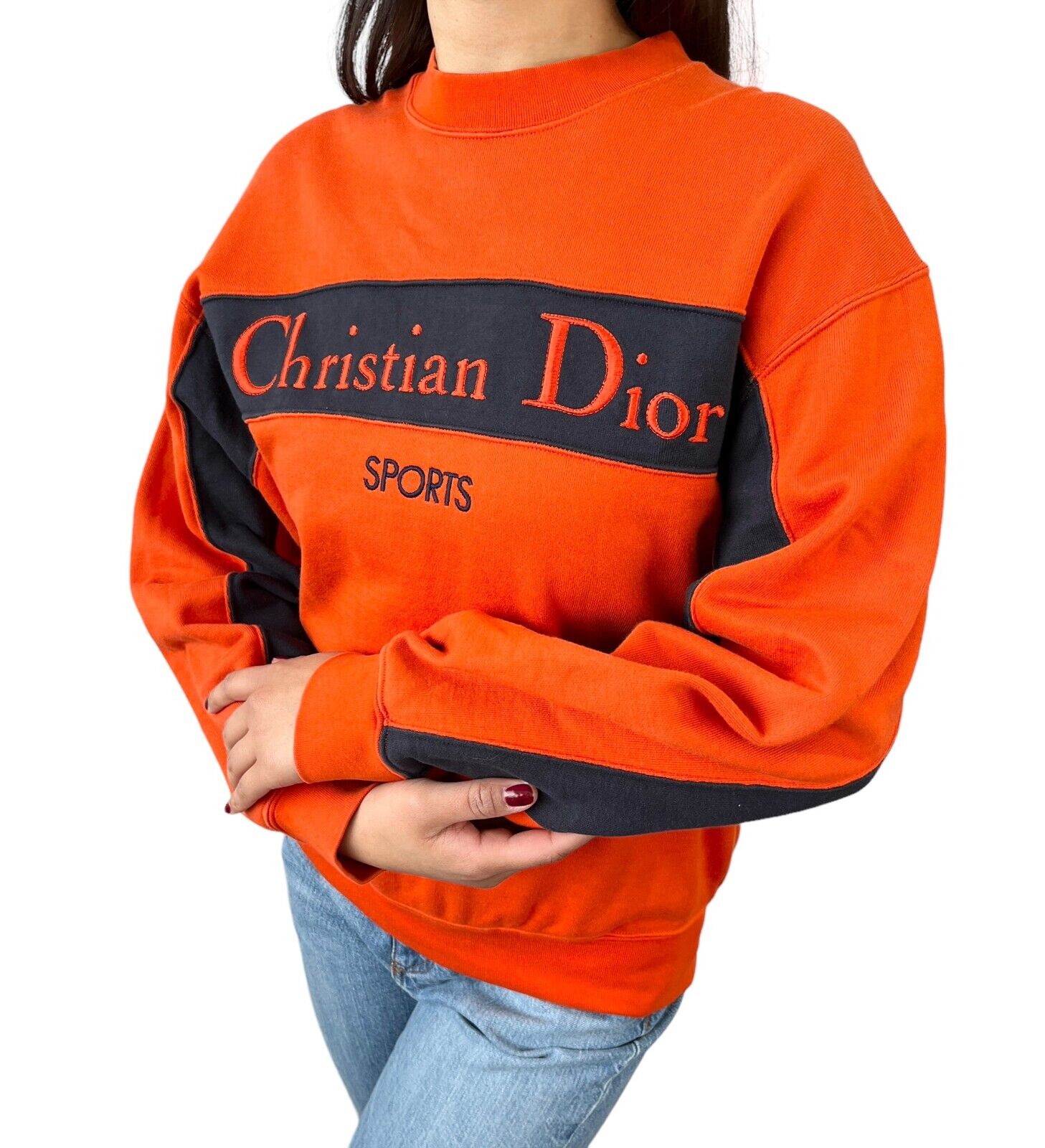 Christian Dior Sports Vintage Big Logo Sweatshirt Top #M Orange Black