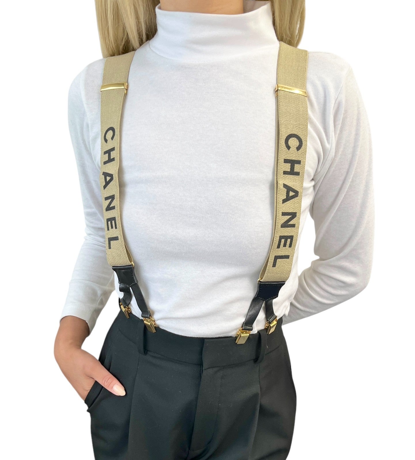 CHANEL Vintage 1994 CC Logo Letter Suspender Belt Beige Black Cotton Leather