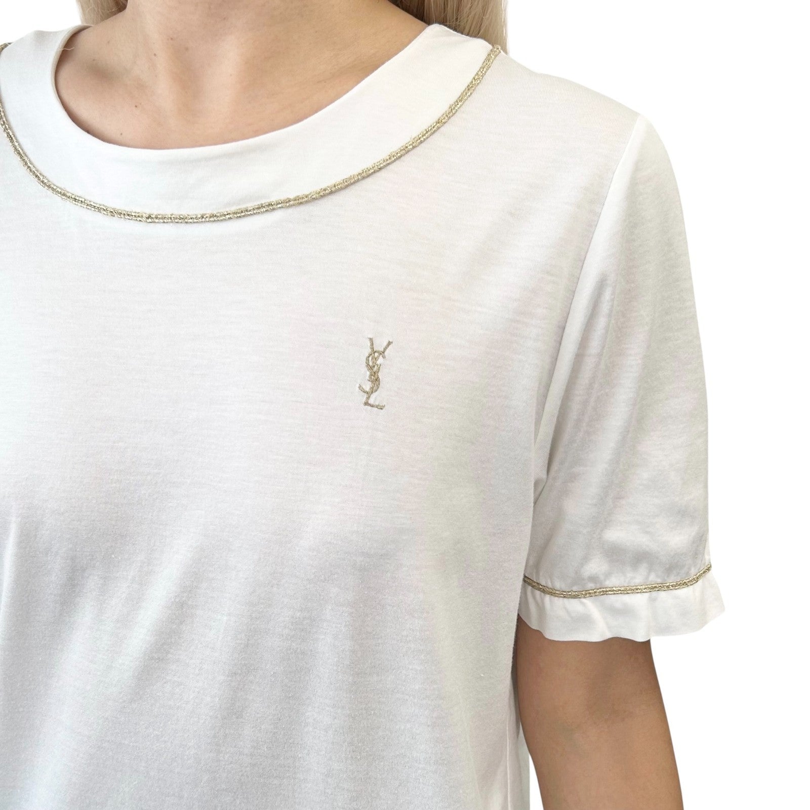 Yves Saint Laurent Vintage YSL Logo T-shirt Top #M White Gold Cotton Glitter