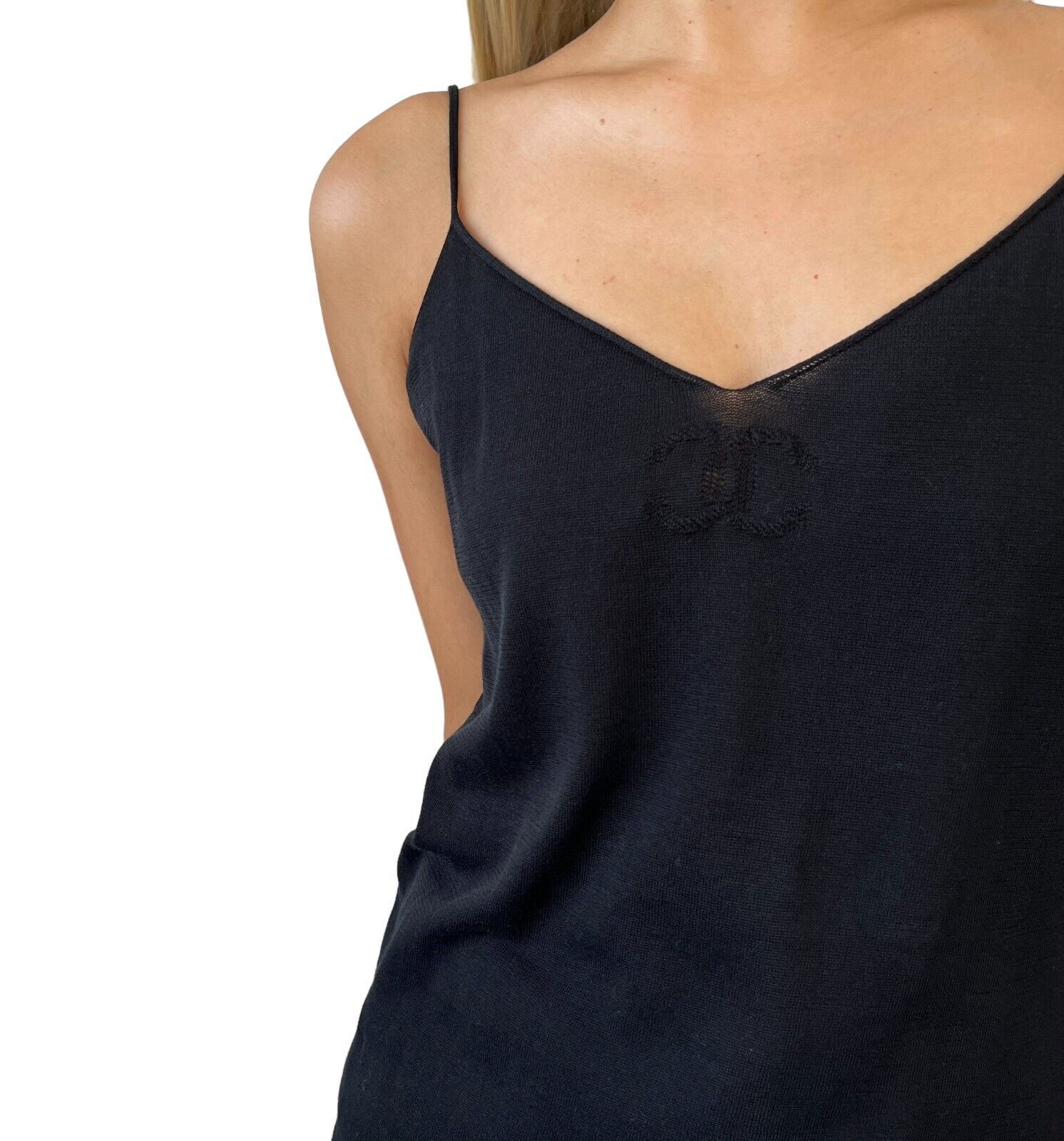 CHANEL Vintage 06P CC Logo Camisole #40 Black Cotton