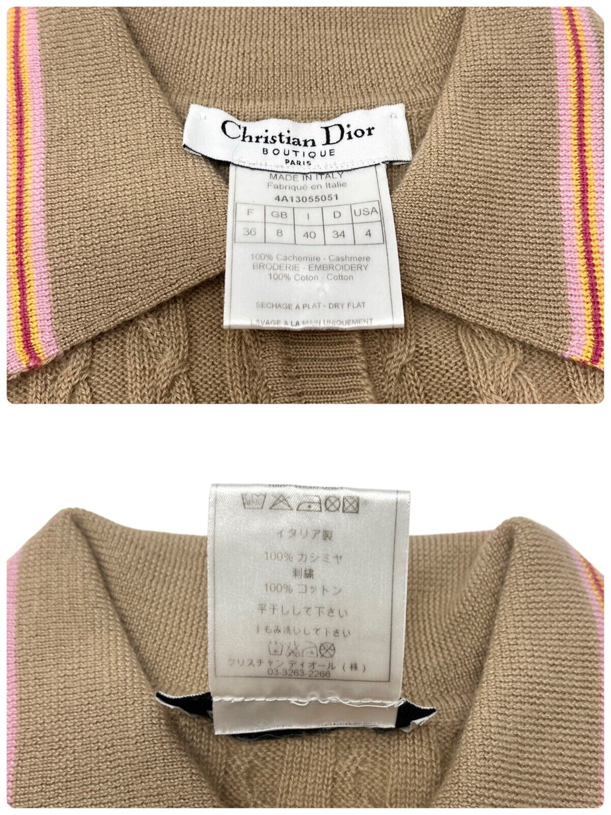 Christian Dior Vintage Logo Knit Polo Shirt #40 Beige Cashmere Button