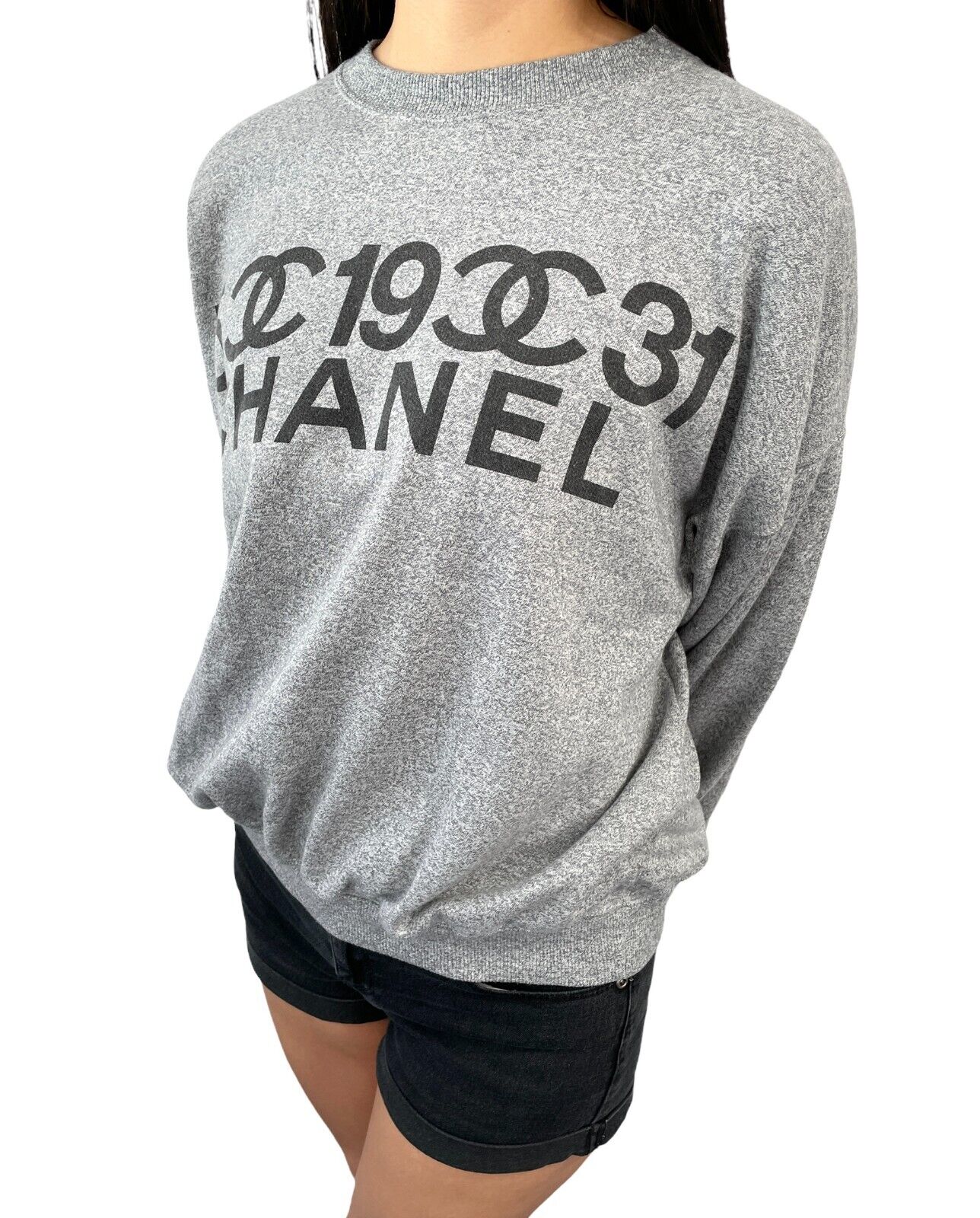 CHANEL Vintage 1990s CC Logo Sweatshirt Top Gray Black Long Sleeve