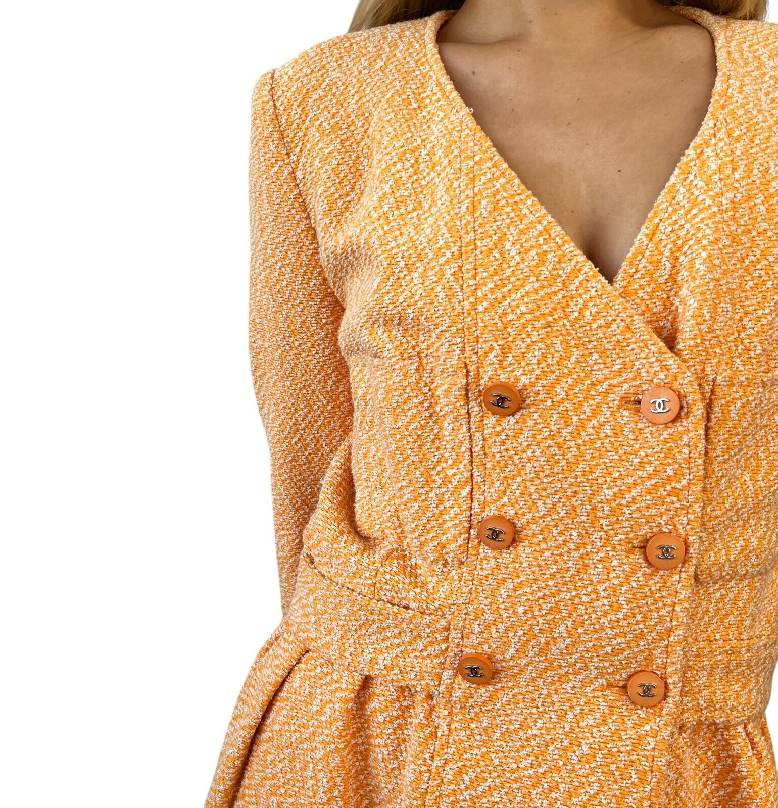 CHANEL Vintage 96P CC Mark Logo Tweed Long Jacket #40 Orange Cotton Wool Button