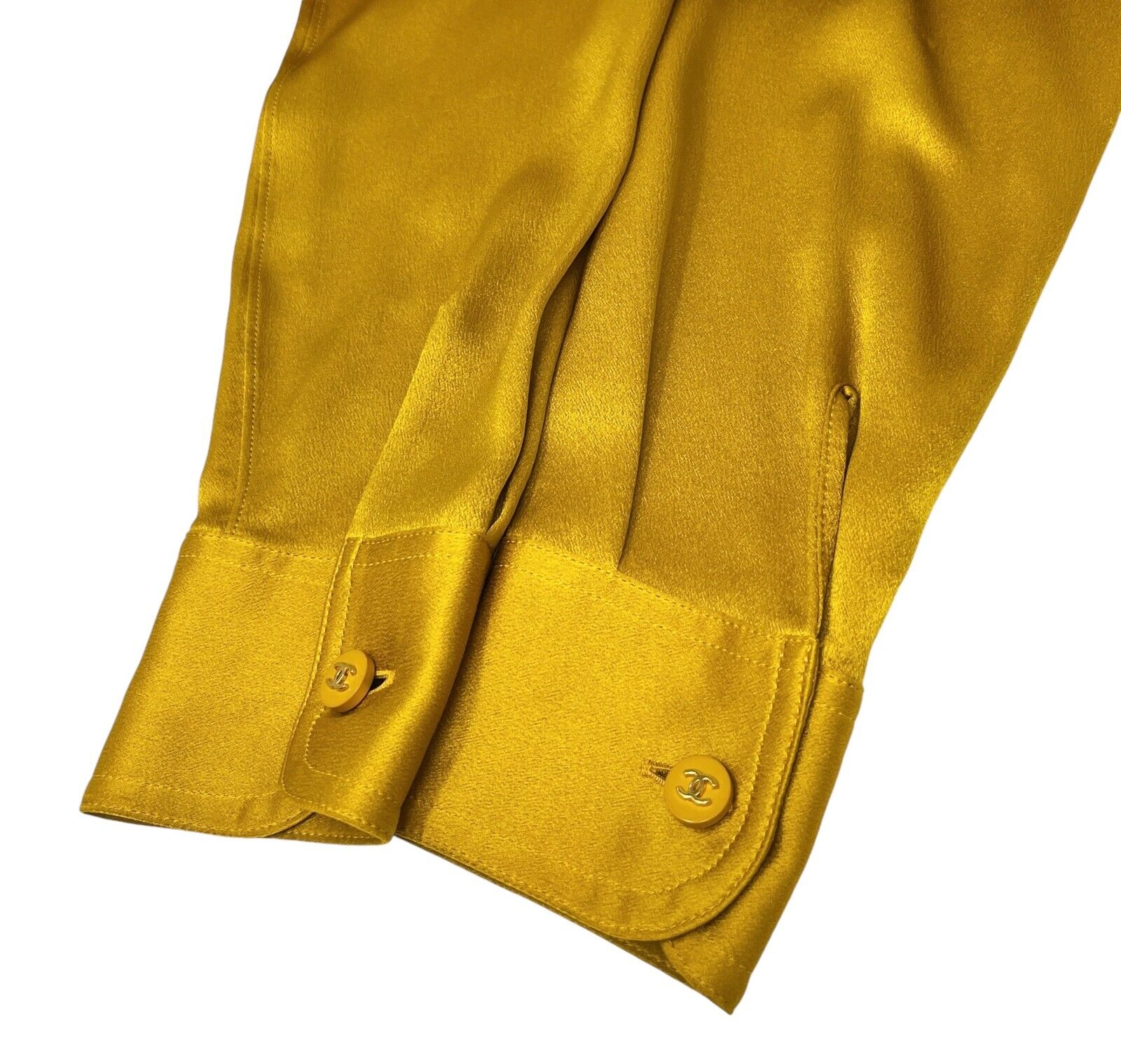 CHANEL Vintage CC Logo Shirt Top Button Up Pocket Yellow Gold Silk