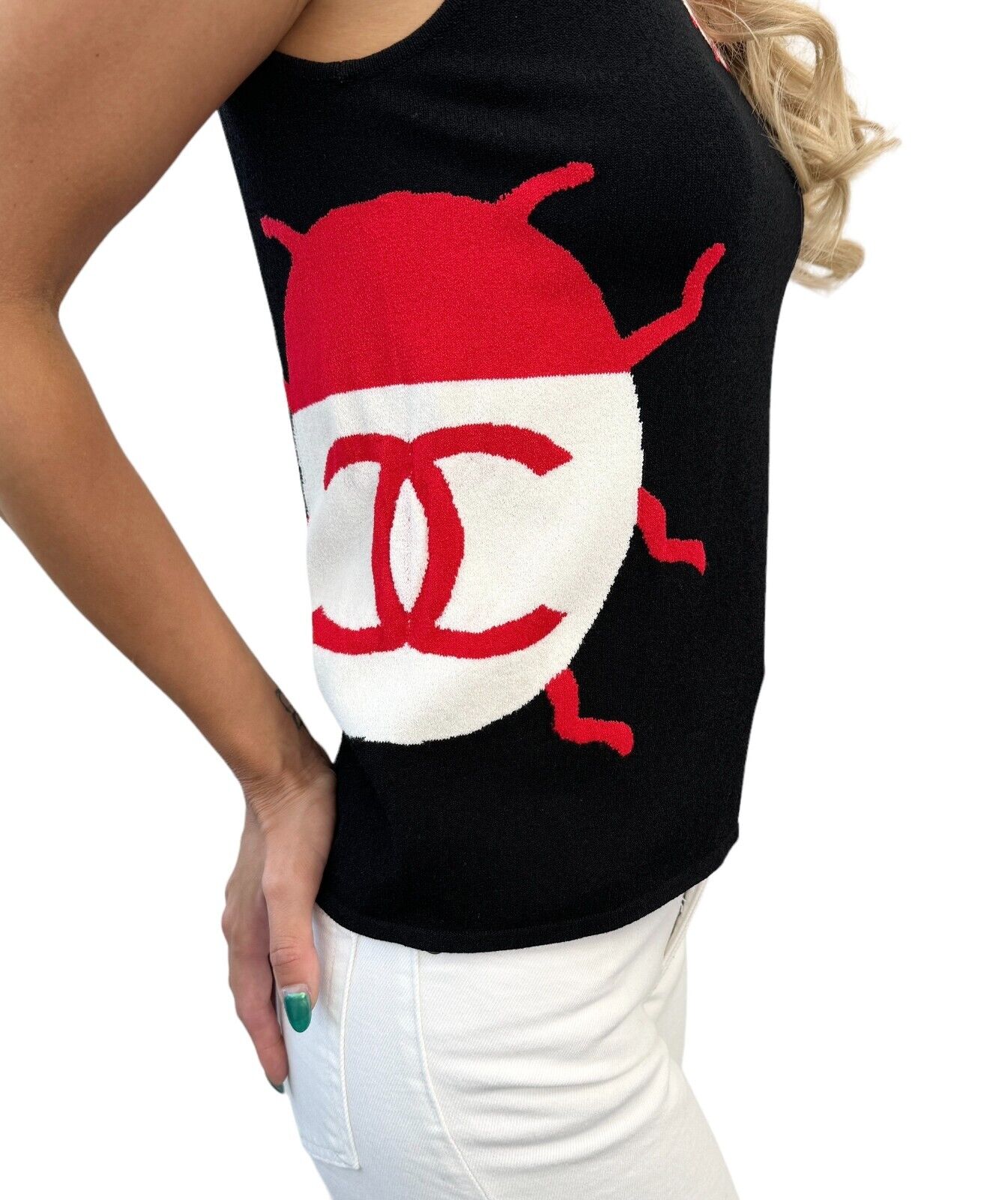 CHANEL Vintage 04P CC Mark Logo Ladybugs Knit Tank Top Black Red Cotton