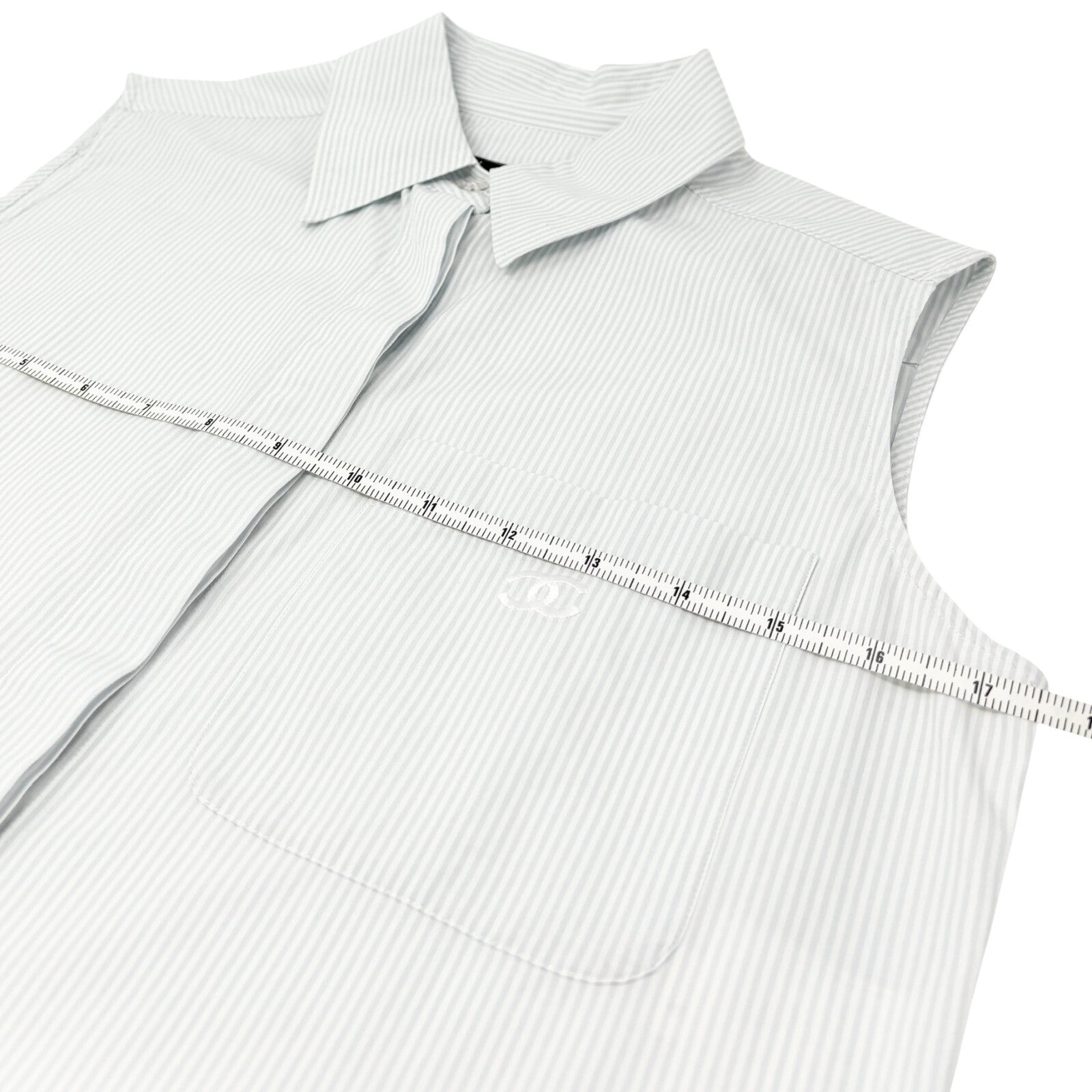 CHANEL Vintage 99P CC Logo Sleeveless Striped Shirt Blouse #36 Top Blue Cotton