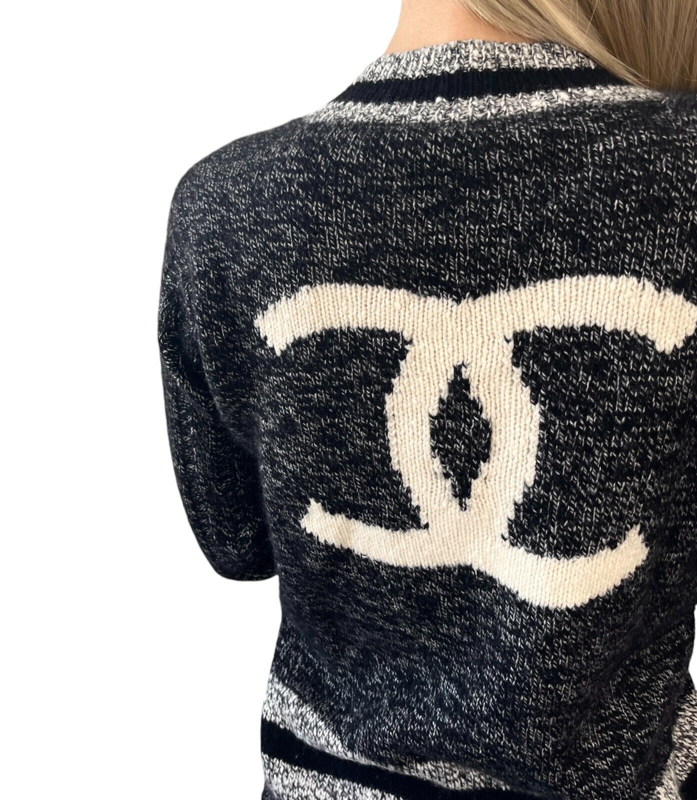 CHANEL Vintage 96A CC Mark Logo Long Sleeve Sweater #42 Gray Black Cashmere