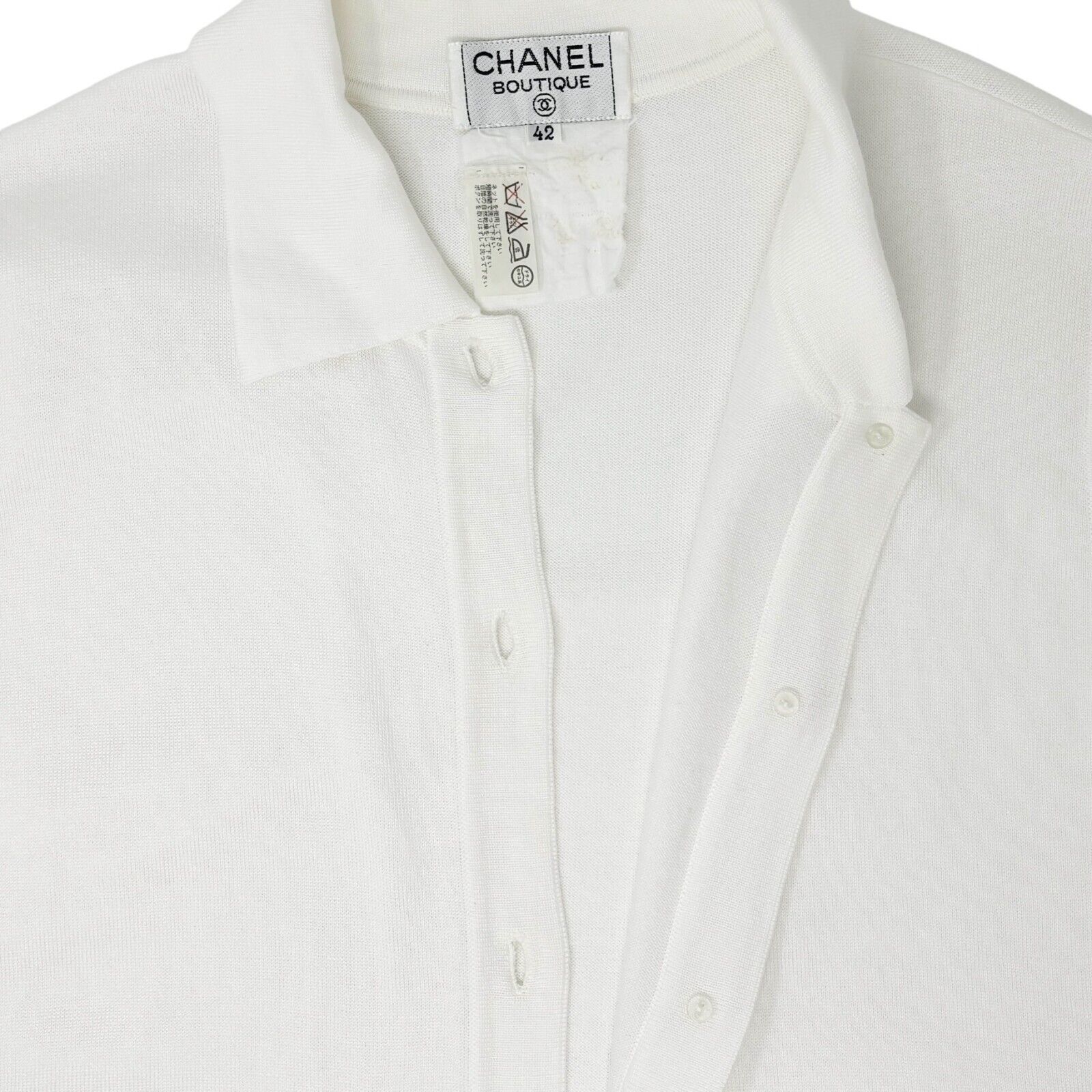 CHANEL Vintage 94P CC Logo Collared Top #42 White Gold Button Cotton