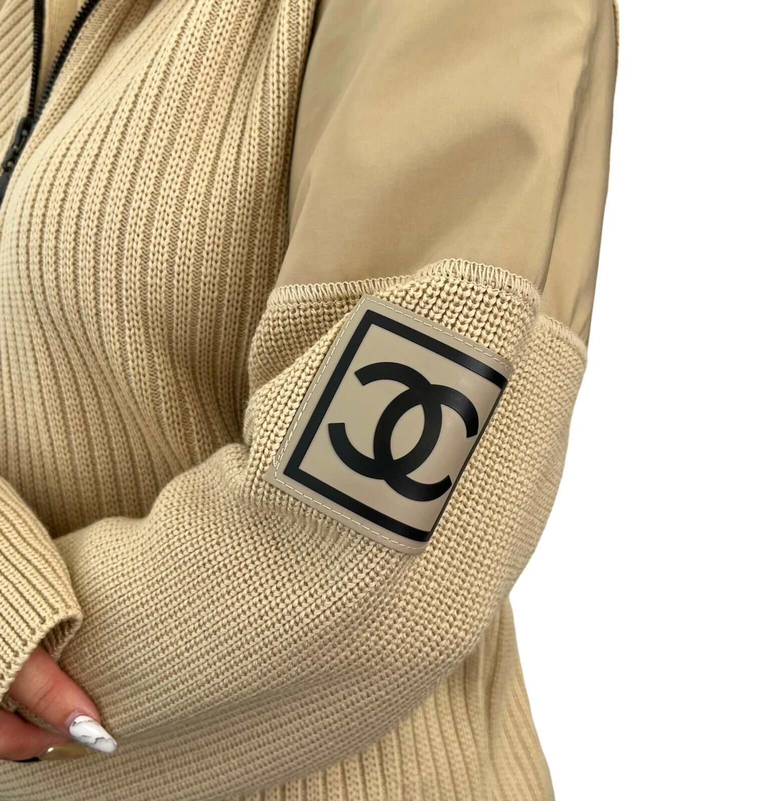 CHANEL Sport Vintage 02A CC Mark Logo Zipped Knit Jacket #46 Beige Wool