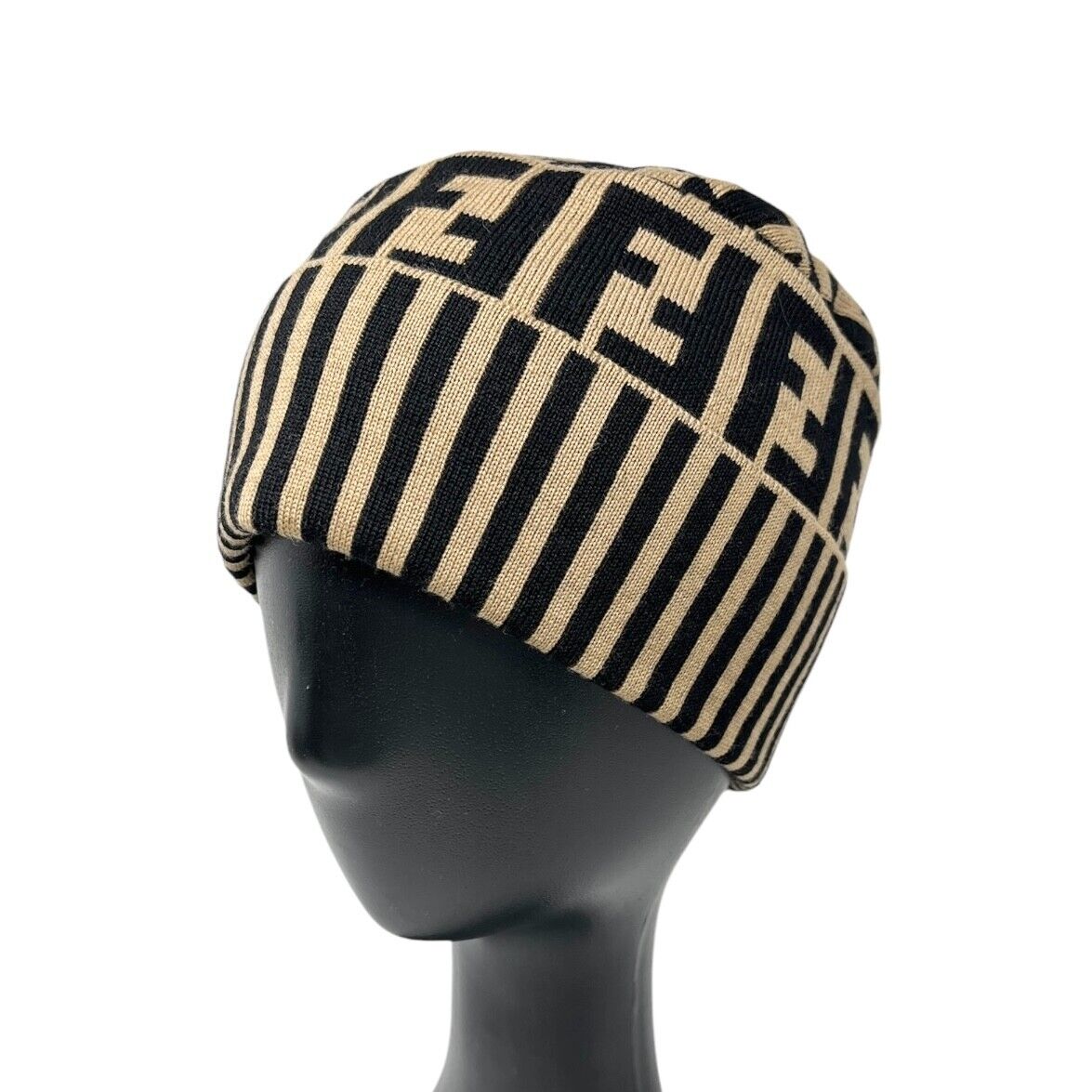 FENDI Vintage Zucca Monogram Knit Beanie #42 Cap Stripe Beige Black Wool