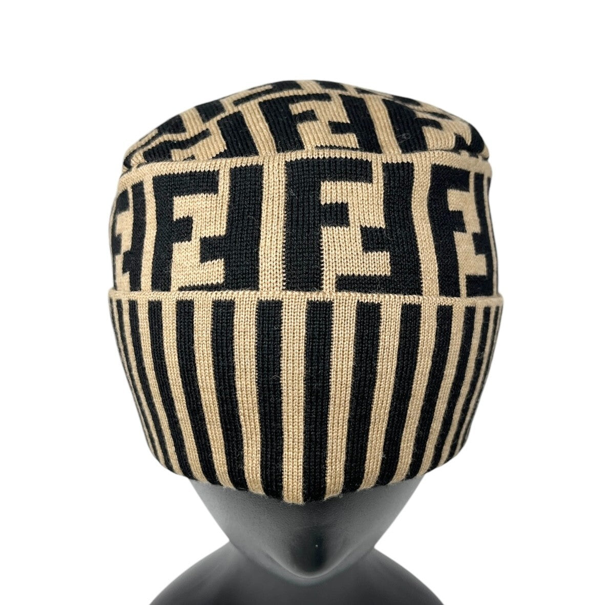 FENDI Vintage Zucca Monogram Knit Beanie #42 Cap Stripe Beige Black Wool