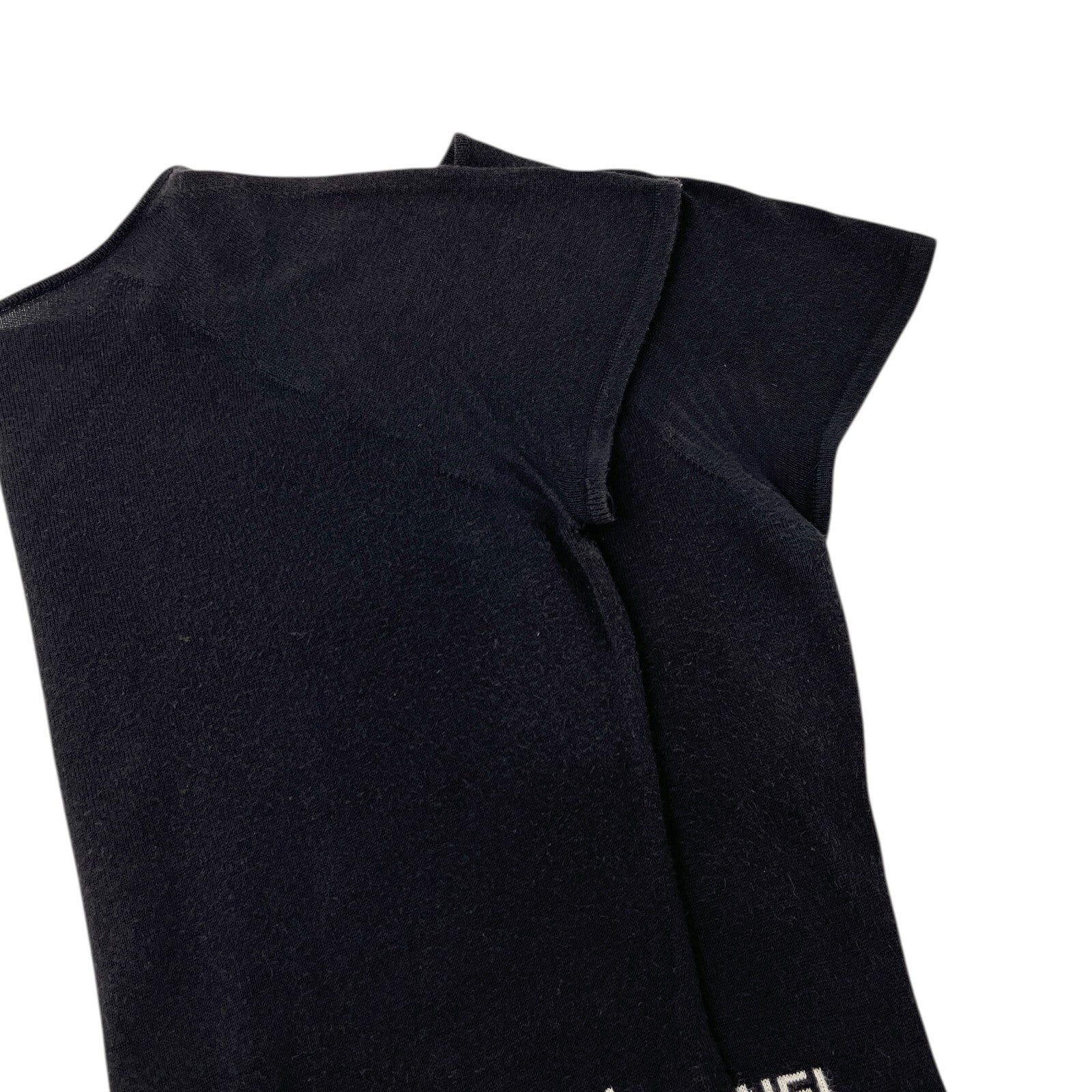 CHANEL Vintage 04P Logo Knit T-shirt Top #40 Round Neck Black White Cotton