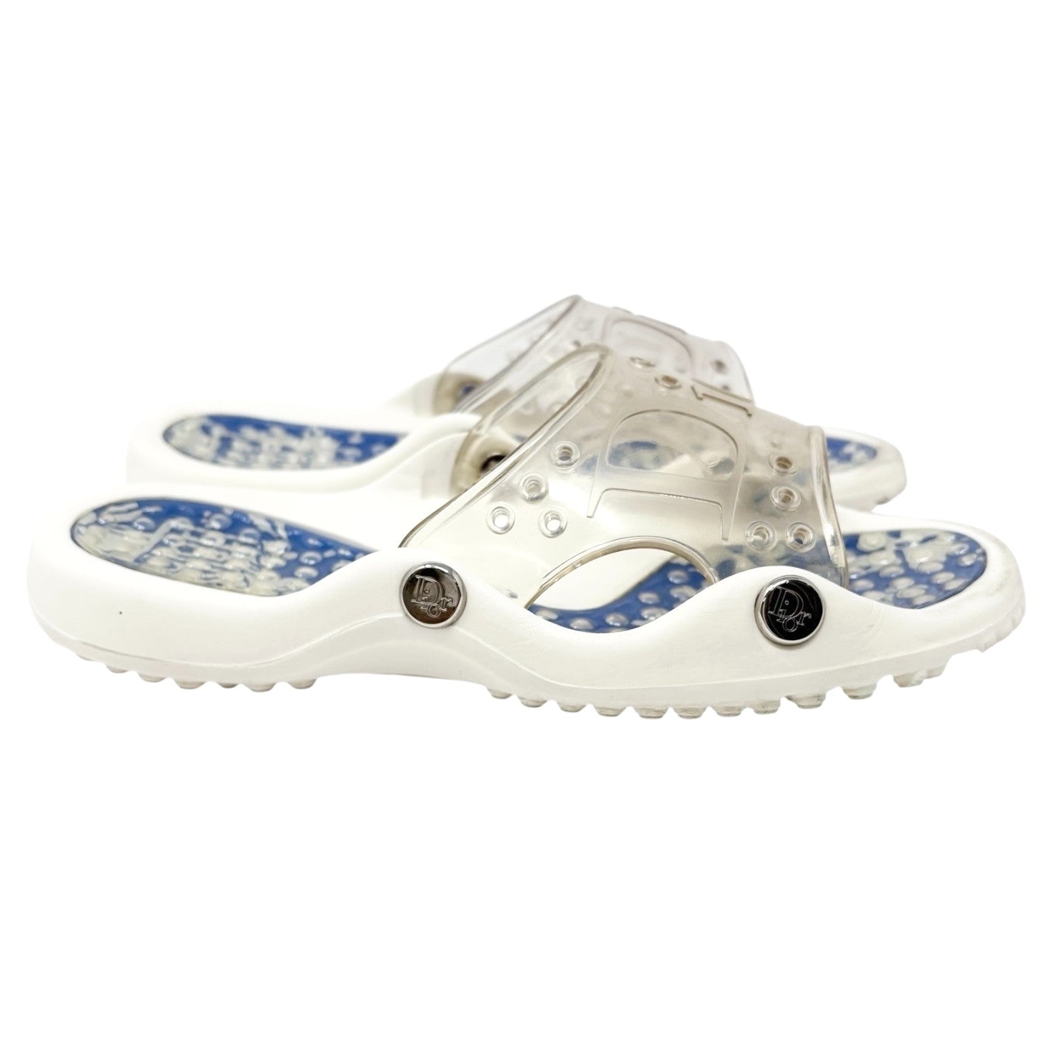 Christian Dior Vintage CD Logo Surf Chick Beach Sandals #38 White Blue Rubber