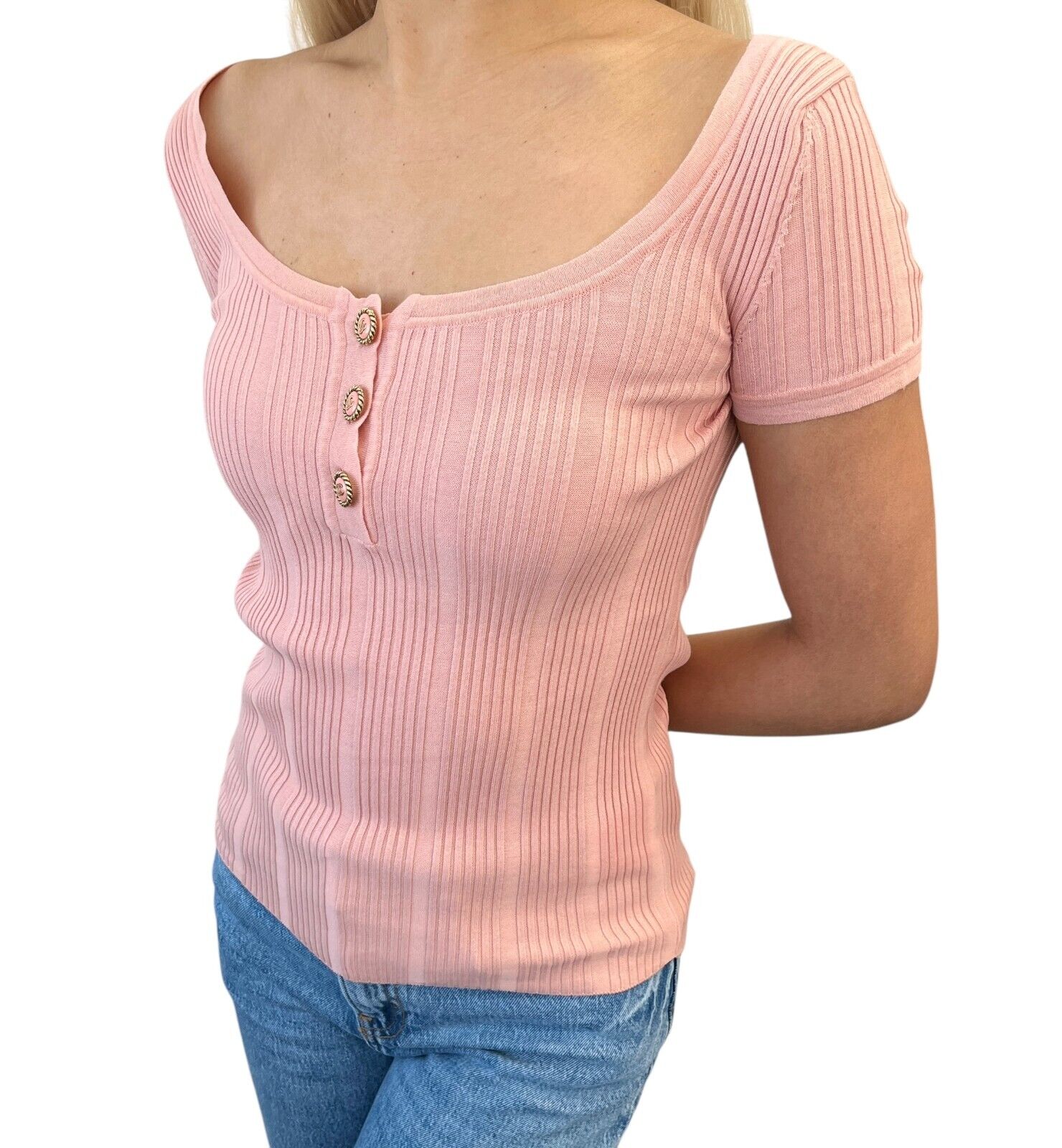 CHANEL Vintage 07P CC Mark Logo Rib Knit Top #S Pink Gold Cotton Button