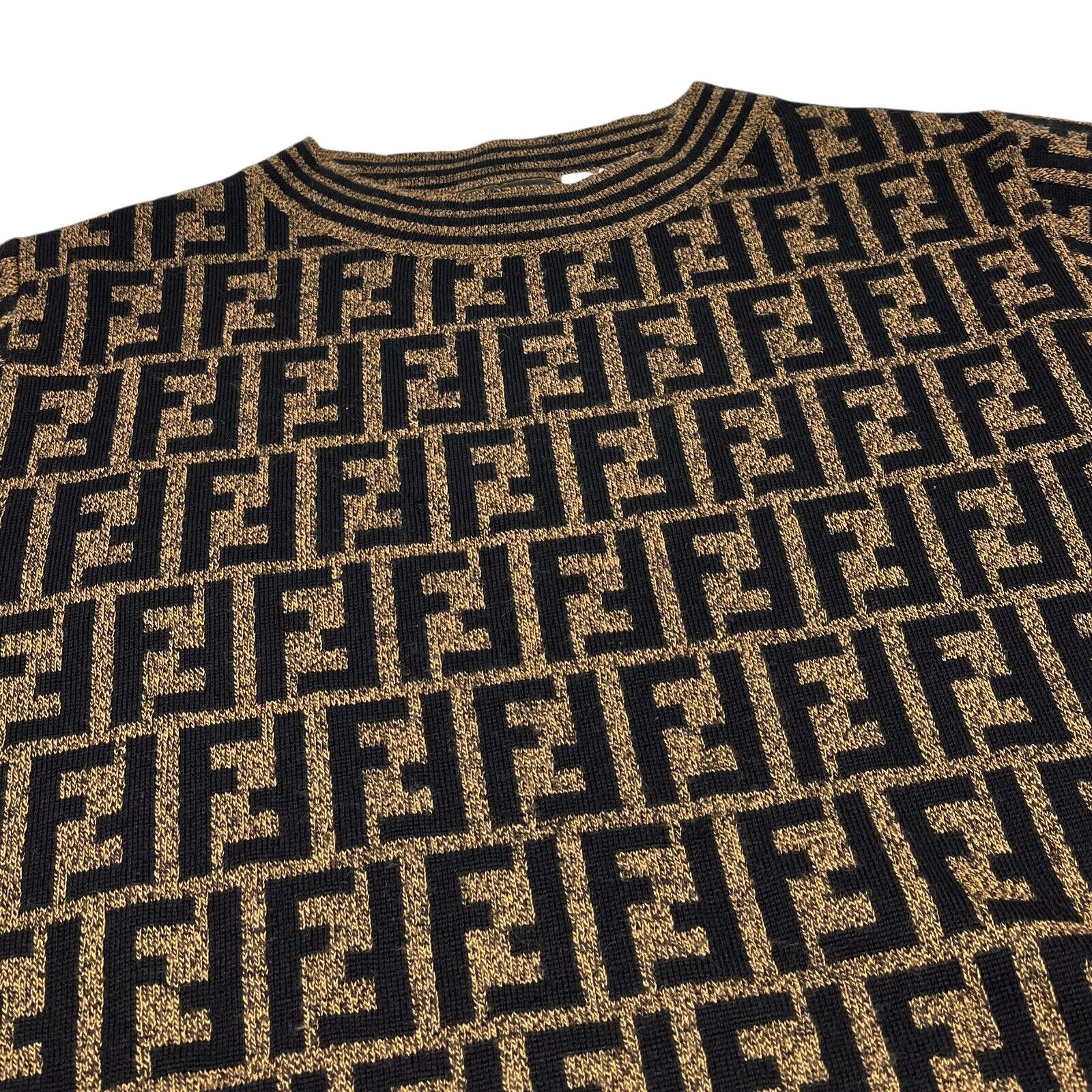 FENDI Vintage Zucca Monogram Logo Knit Sweater Top #38 Brown Black Wool Rank AB+