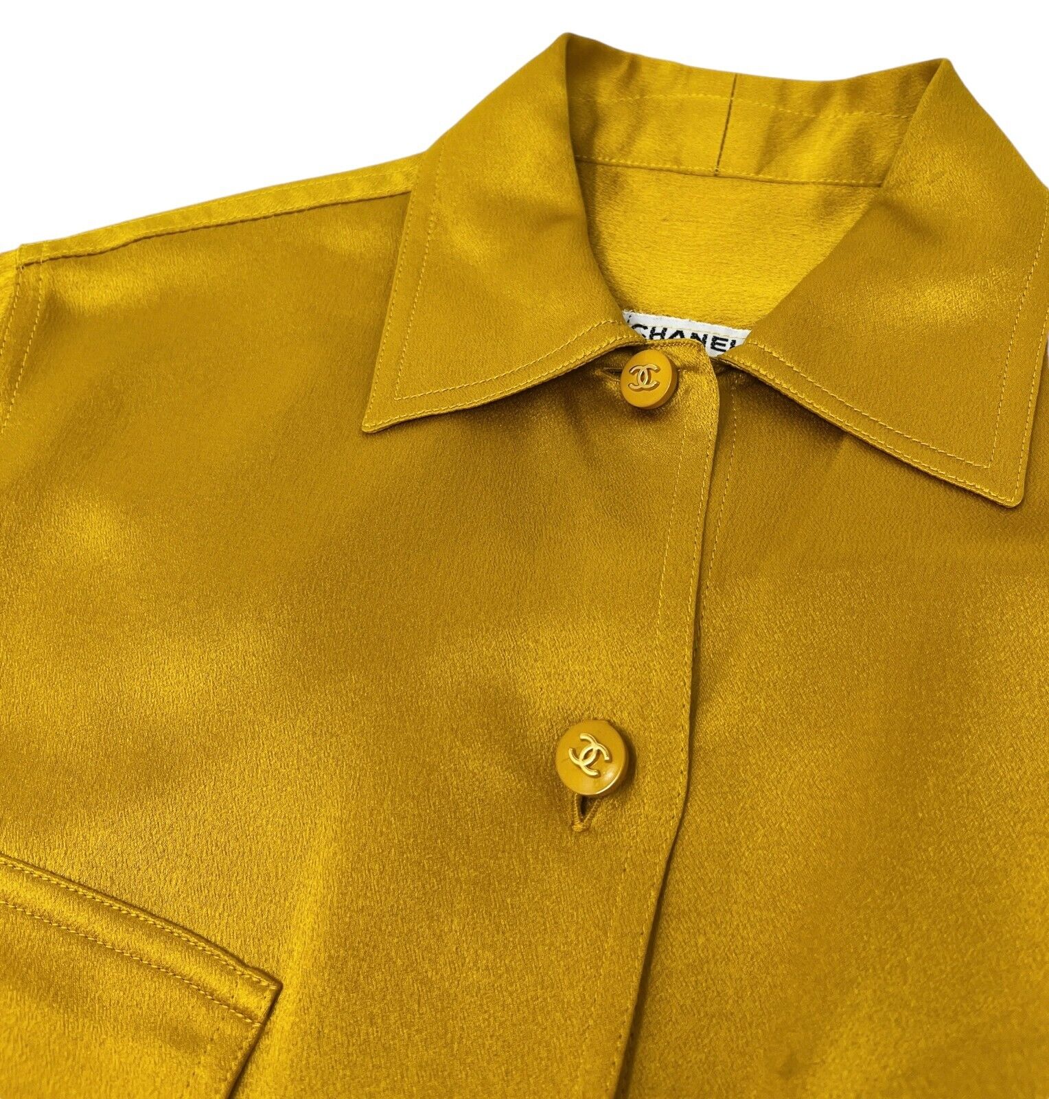 CHANEL Vintage CC Logo Shirt Top Button Up Pocket Yellow Gold Silk