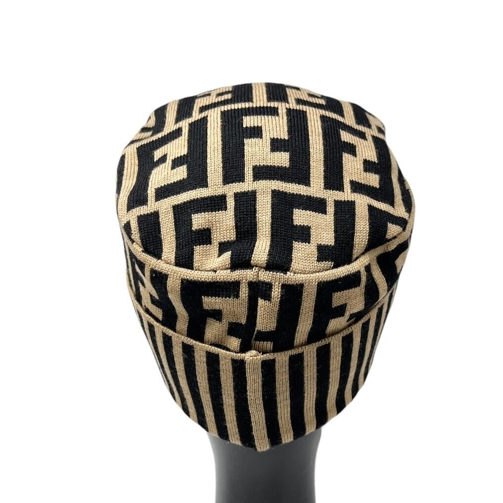 FENDI Vintage Zucca Monogram Knit Beanie #42 Cap Stripe Beige Black Wool