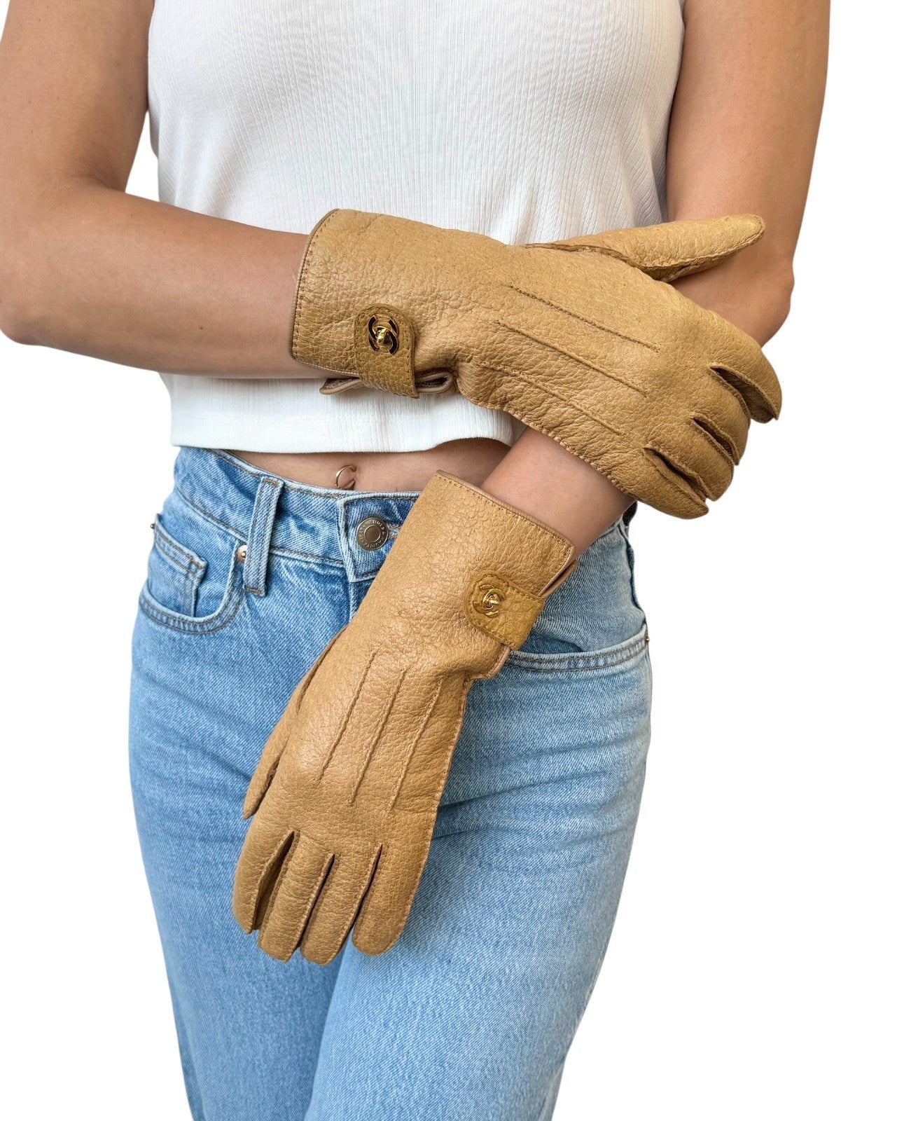 CHANEL Vintage CC Mark Logo Gloves Turn Lock #7.5 Leather Light Brown Gold