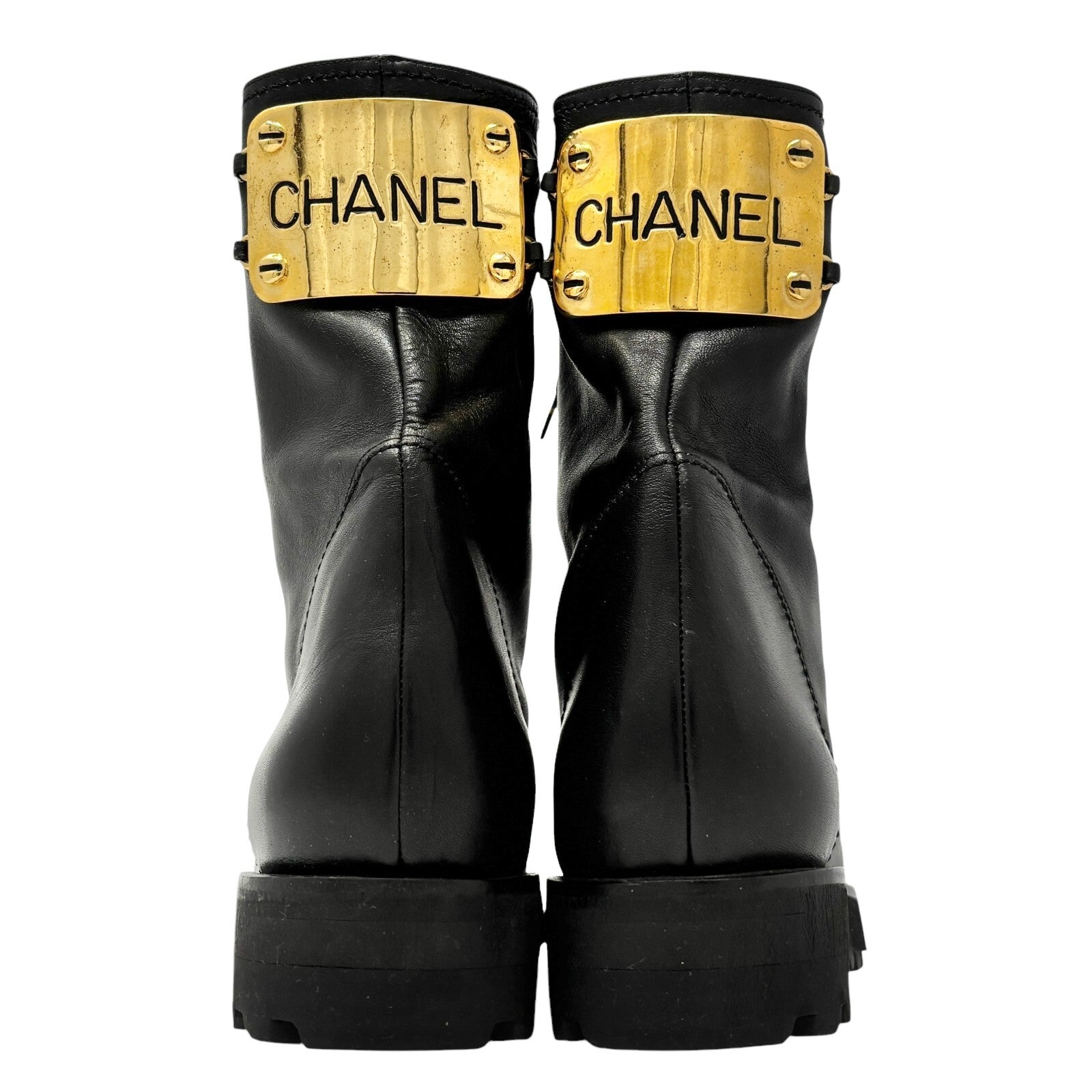 CHANEL Vintage CC Logo Lace-up Ankle Boots #36.5 Short Boots Black Gold Leather