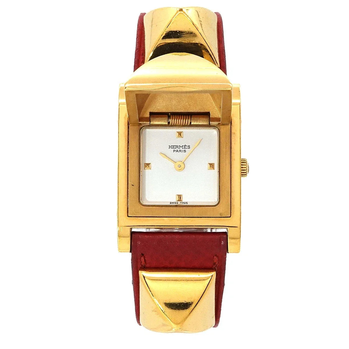 HERMES Medor Vintage pyramid Gold studs Quartz White Dial Ladies 90343375