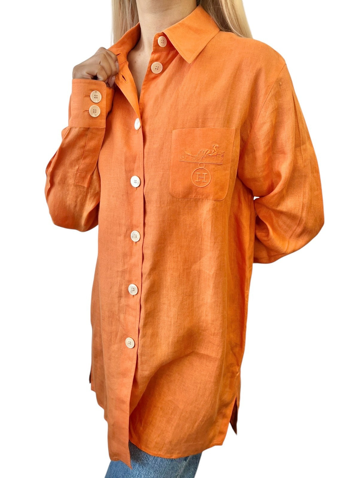 HERMES Vintage H Logo Horse Carriage Embroidery Shirt #36 Orange Linen Button
