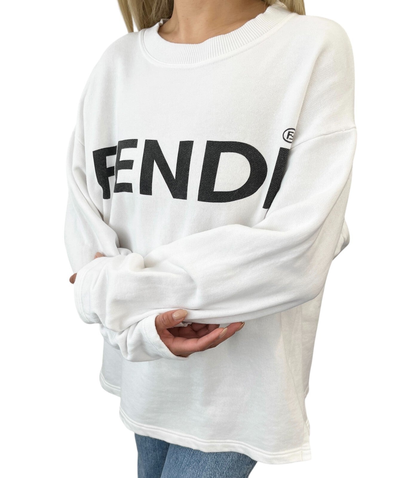 FENDI Vintage Big Logo Sweatshirt Top #40 White Cotton Pullover Long Sleeve