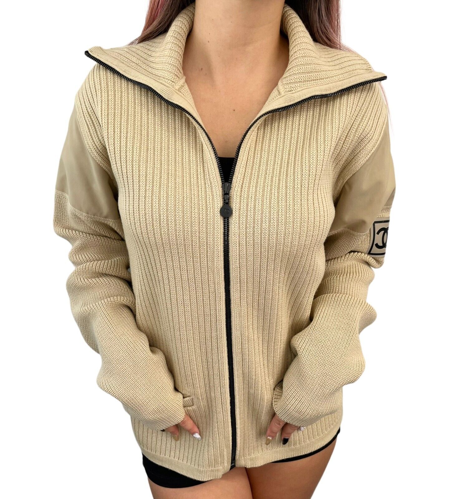 CHANEL Sport Vintage 02A CC Mark Logo Zipped Knit Jacket #46 Beige Wool