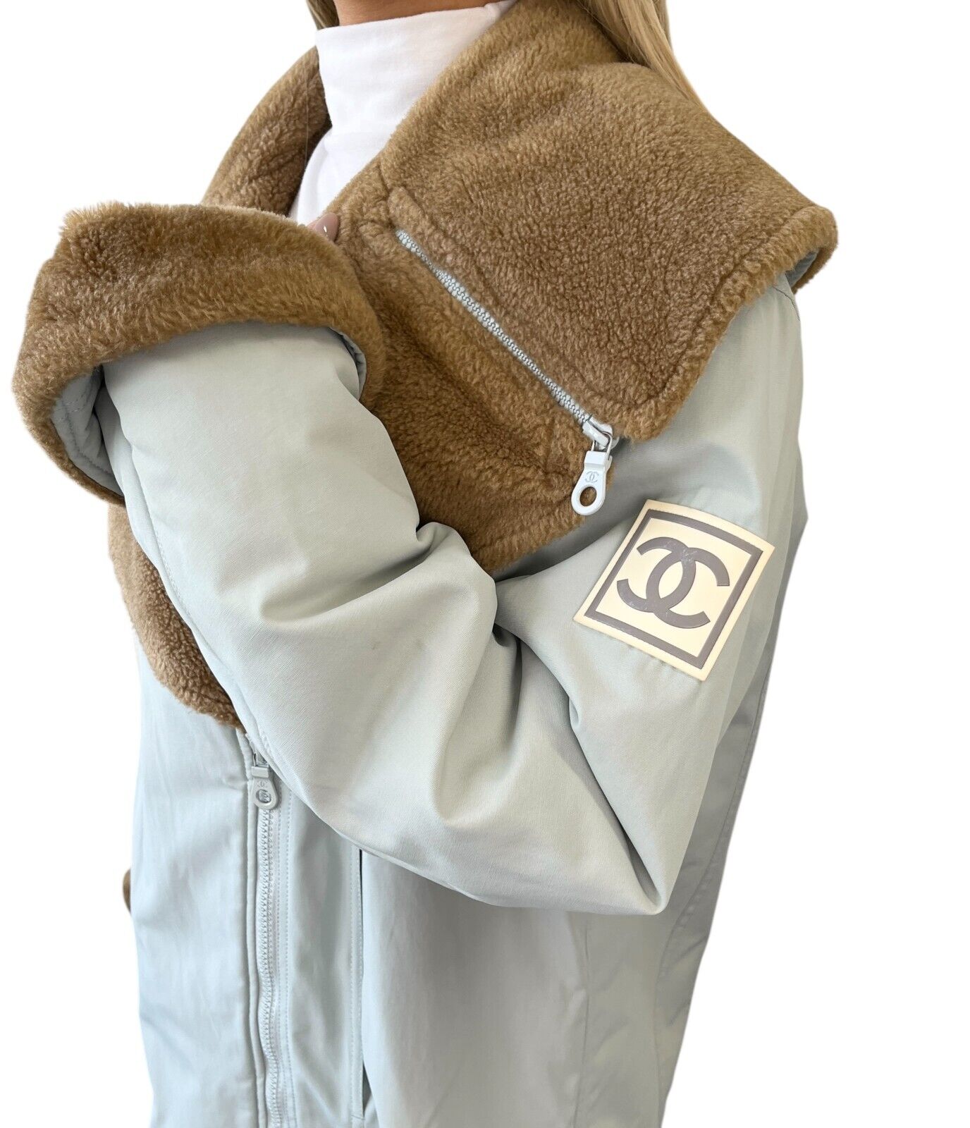 CHANEL Sport Vintage 01A CC Logo Ski Wear Jacket #36 Blue Brown Cotton Fur Zip