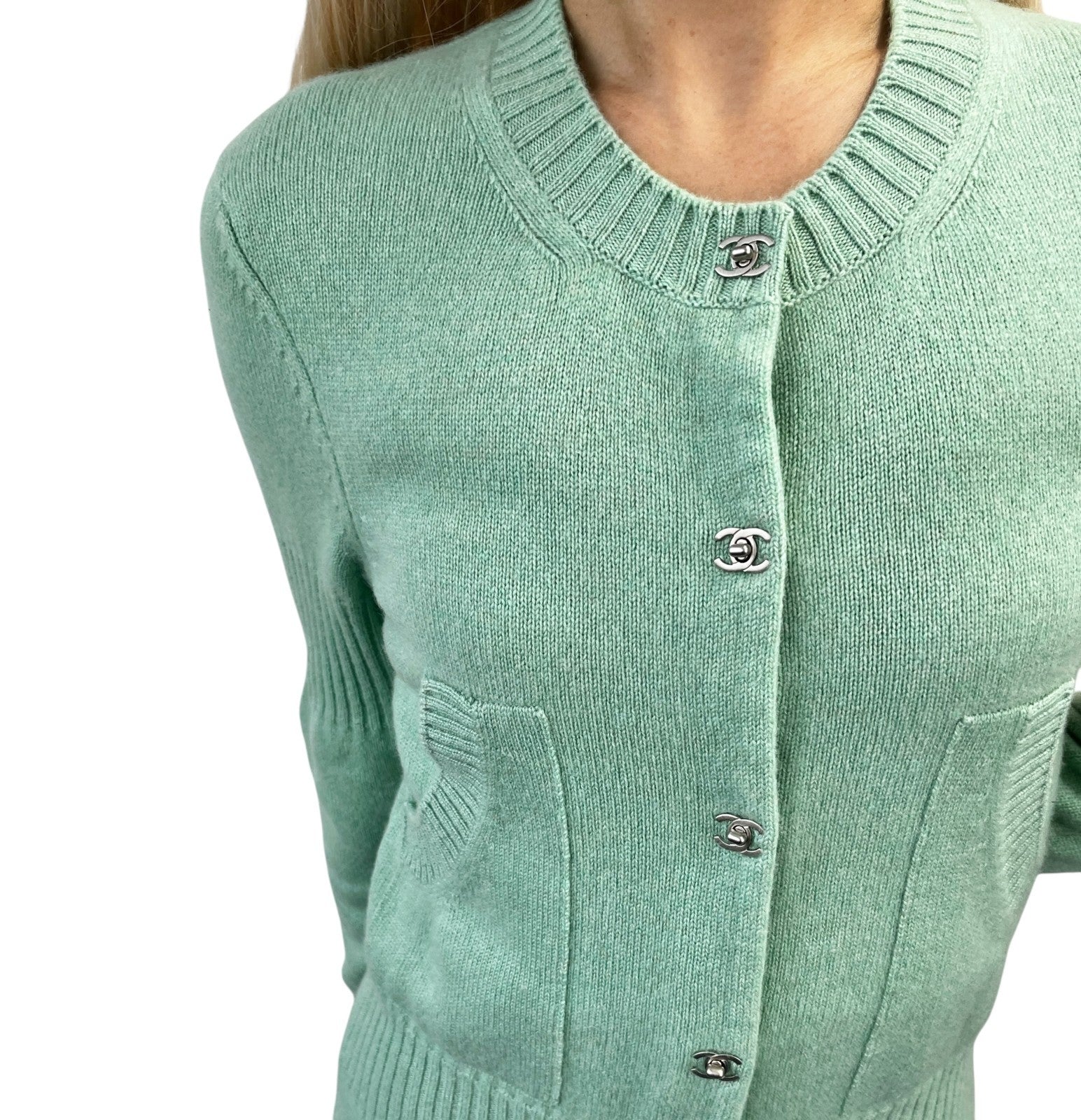 CHANEL Vintage P52425 CC Turnlock Logo Knit Cardigan Dress #38 Cashmere Green