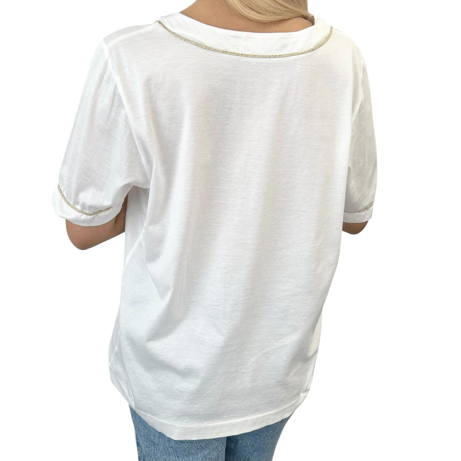 Yves Saint Laurent Vintage YSL Logo T-shirt Top #M White Gold Cotton Glitter