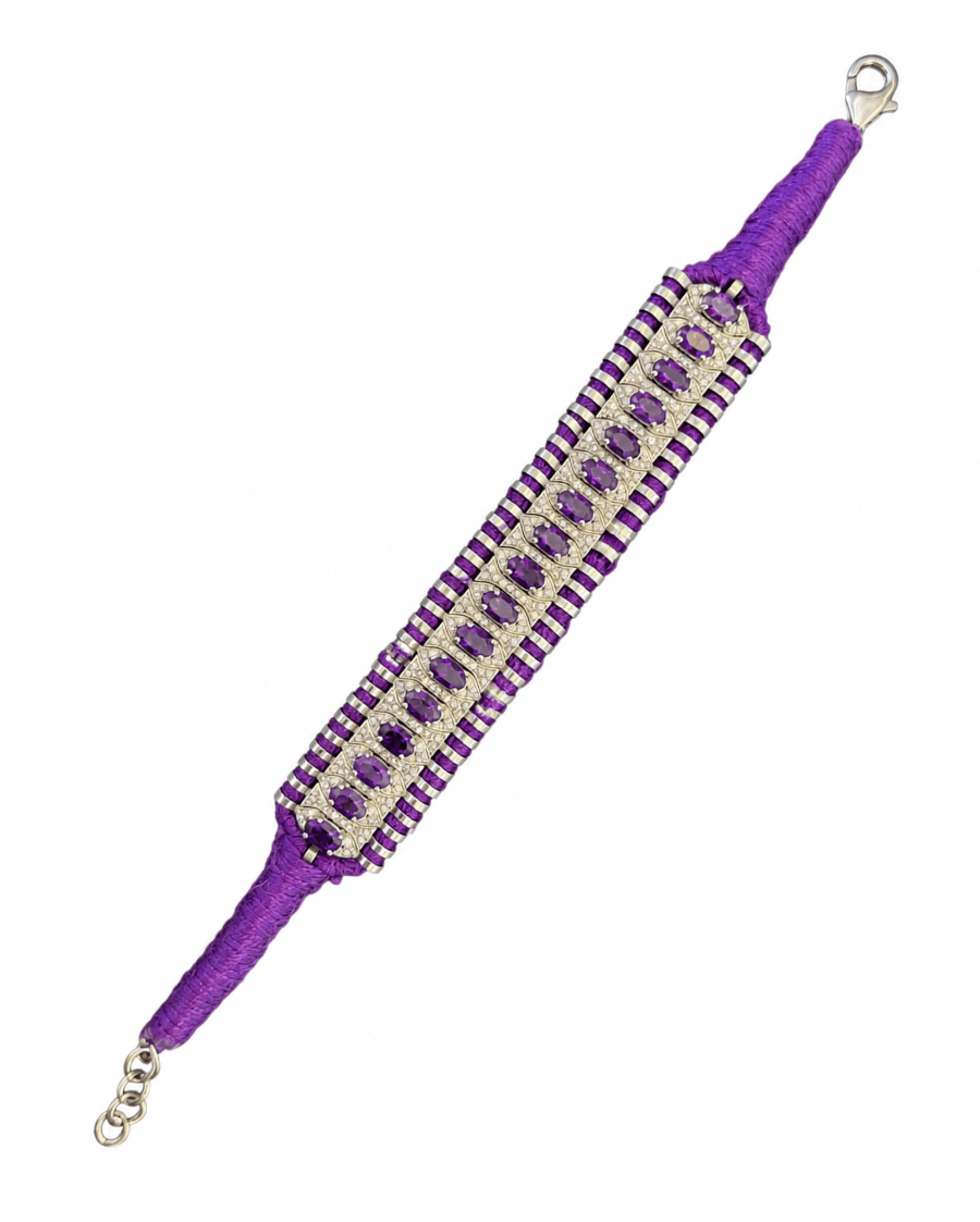 Diamond-encrusted Sterling Silver Friendship Bracelet with Amethyst Stones in Purple Thread