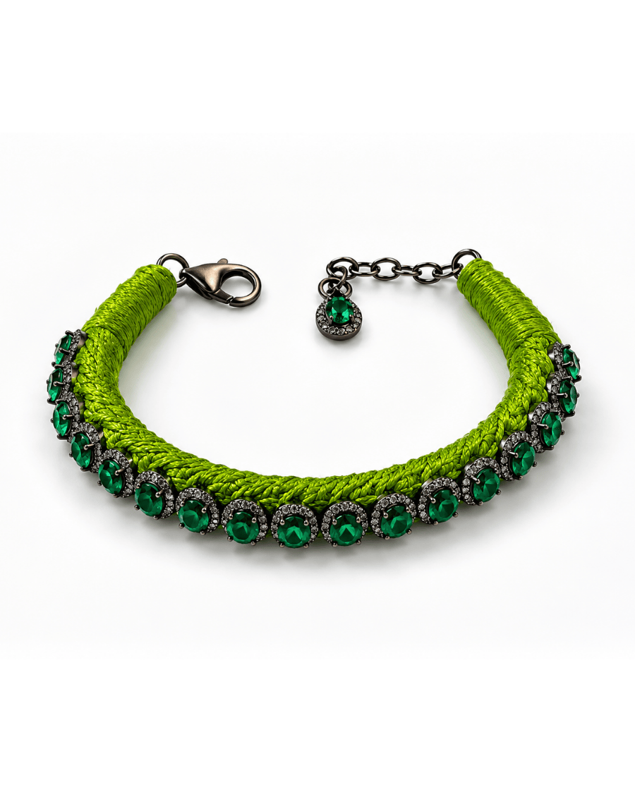 Diamond-encrusted Sterling Silver Friendship Bracelet with Emeralds in Light Green Thread
