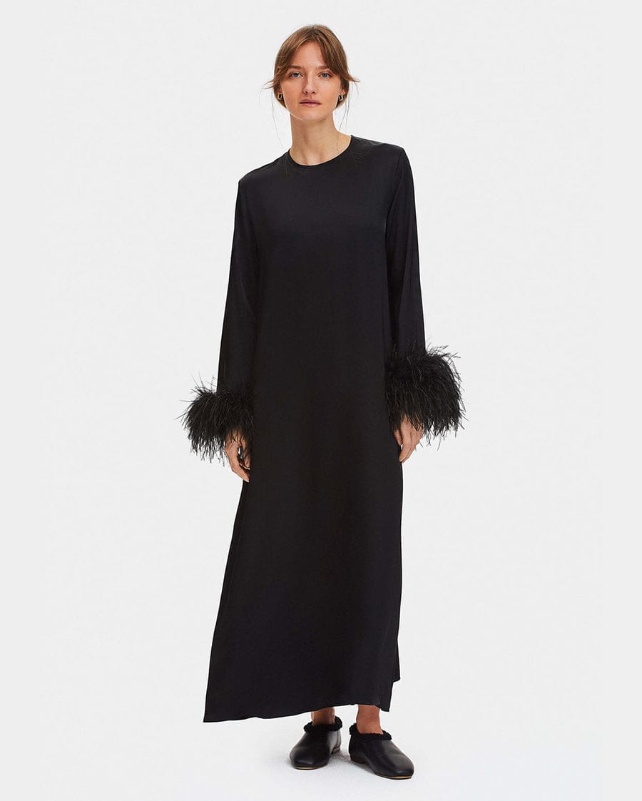 Sleeper Suzi Maxi Dress with Detachable Feathers in Black