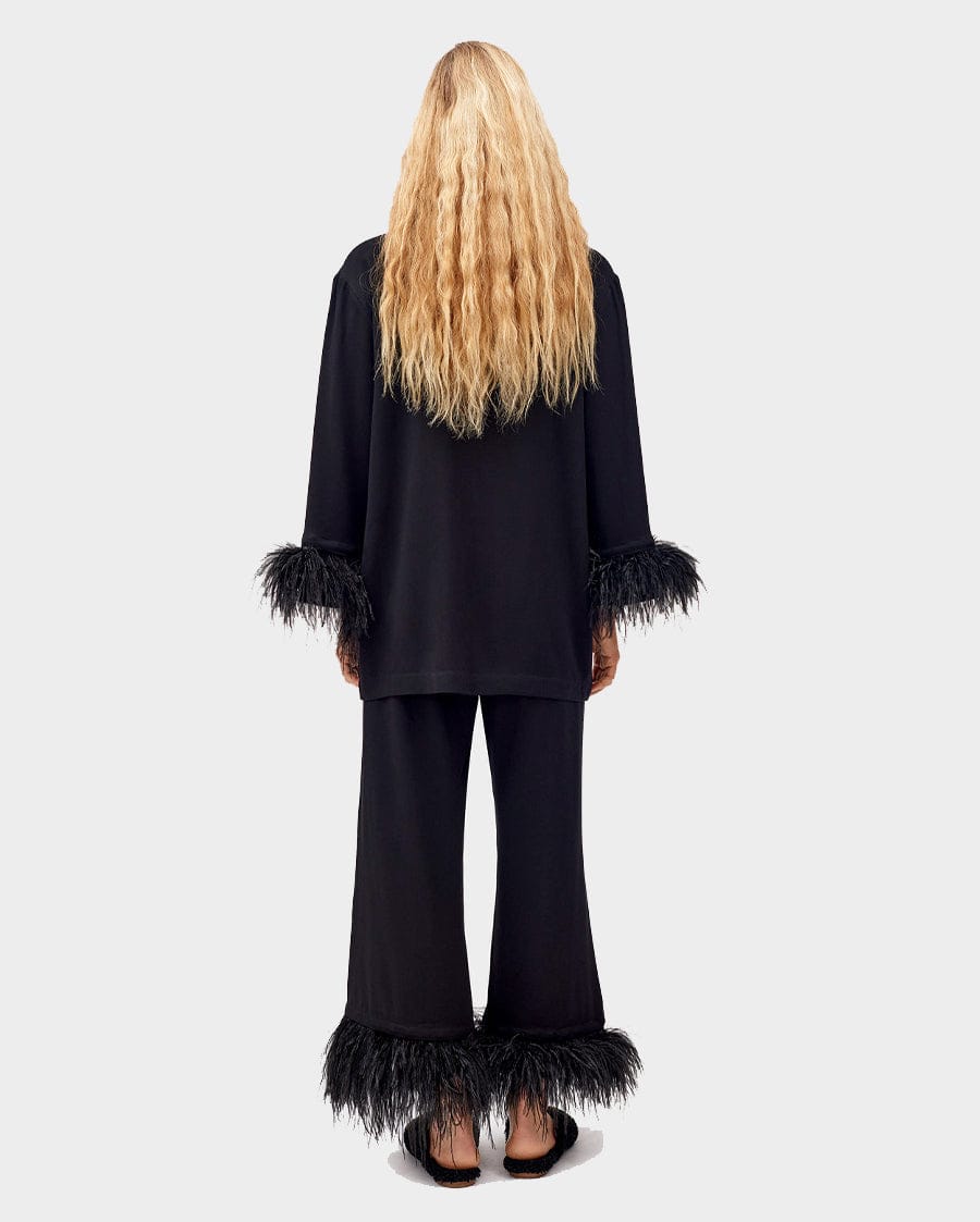 Sleeper Party Pajama Set with Detachable Feathers in Black
