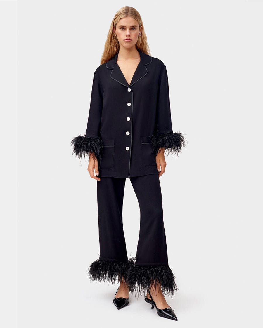 Sleeper Party Pajama Set with Detachable Feathers in Black