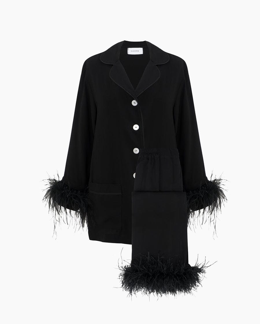 Sleeper Party Pajama Set with Detachable Feathers in Black