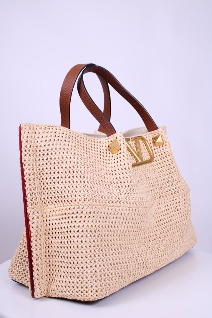 Valentino Valentino V Logo Raffia Tote Bag Straw/ Brown