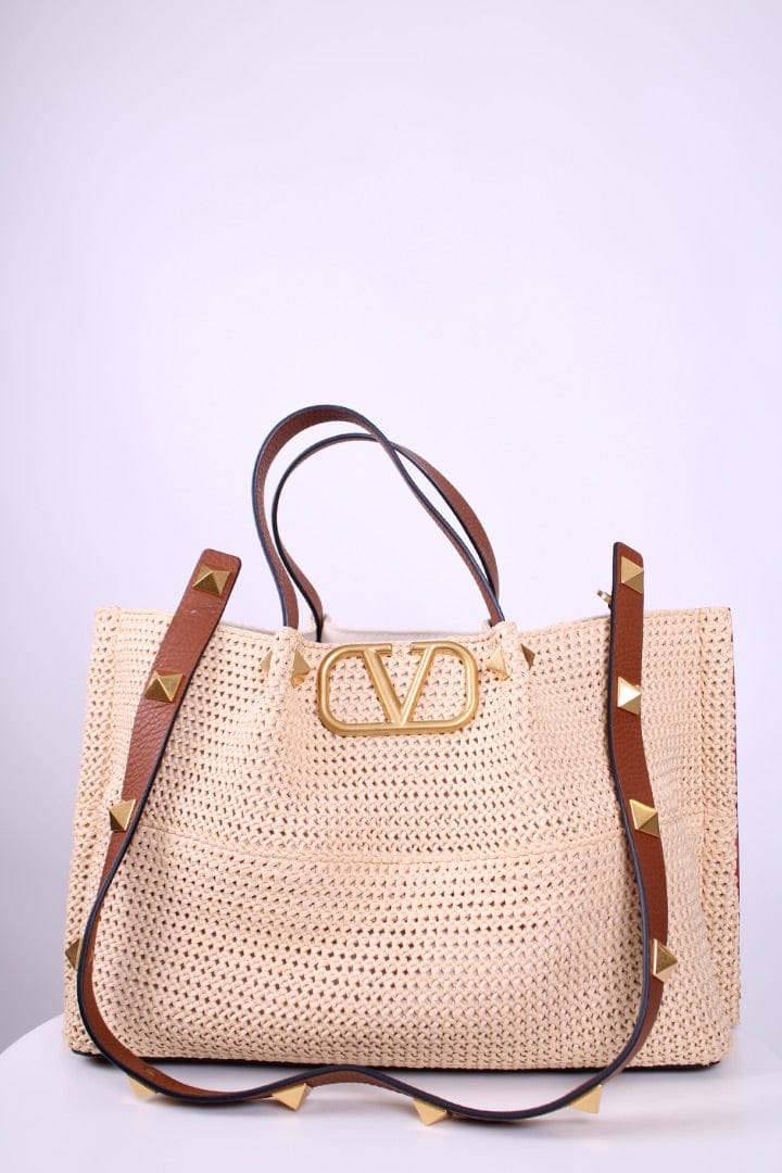Valentino Valentino V Logo Raffia Tote Bag Straw/ Brown