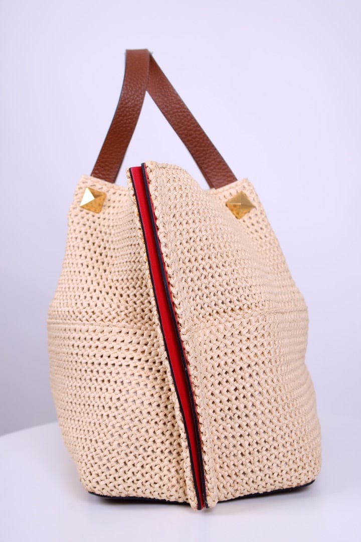 Valentino Valentino V Logo Raffia Tote Bag Straw/ Brown