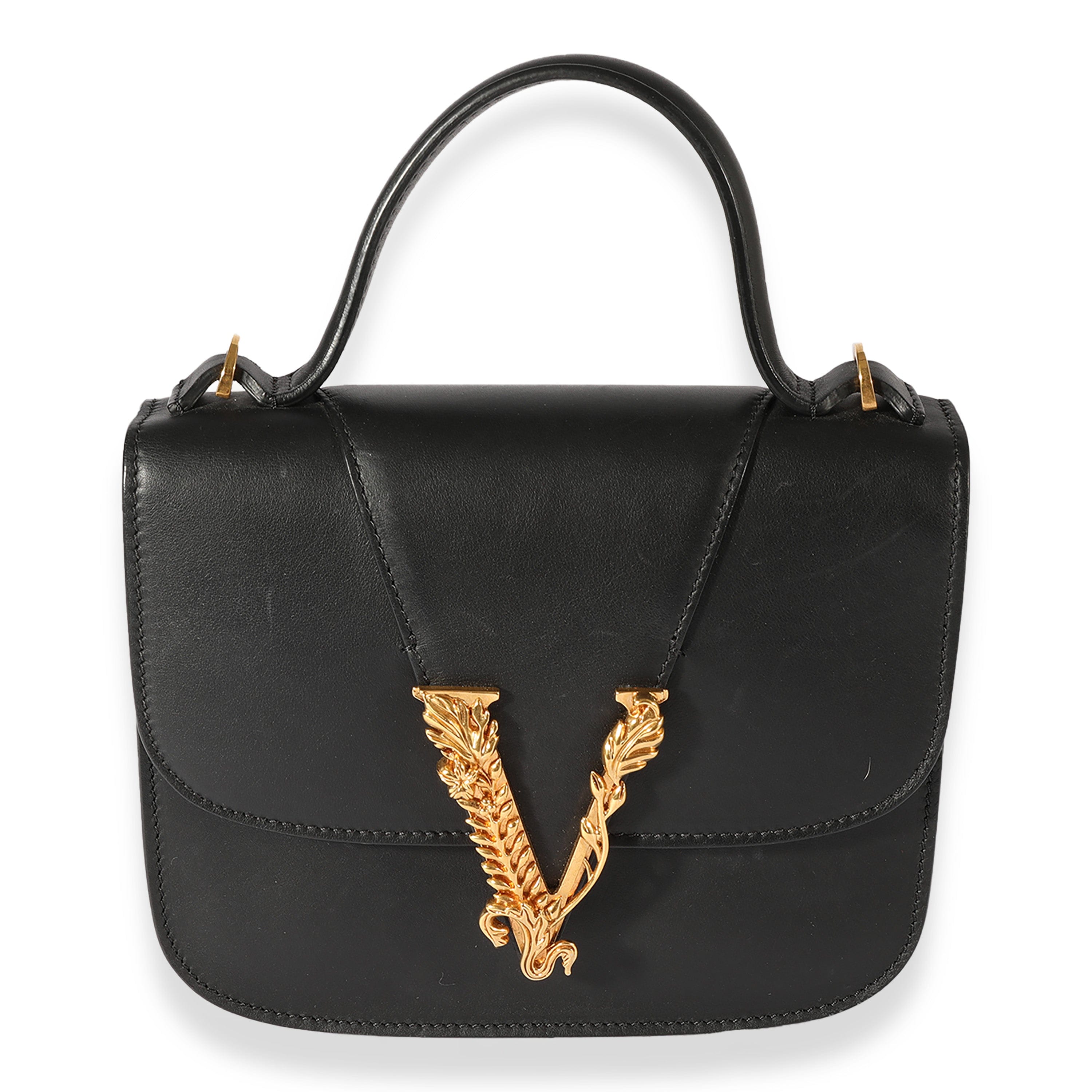 Versace Versace Black Smooth Leather Virtus Barocco V Small Top Handle