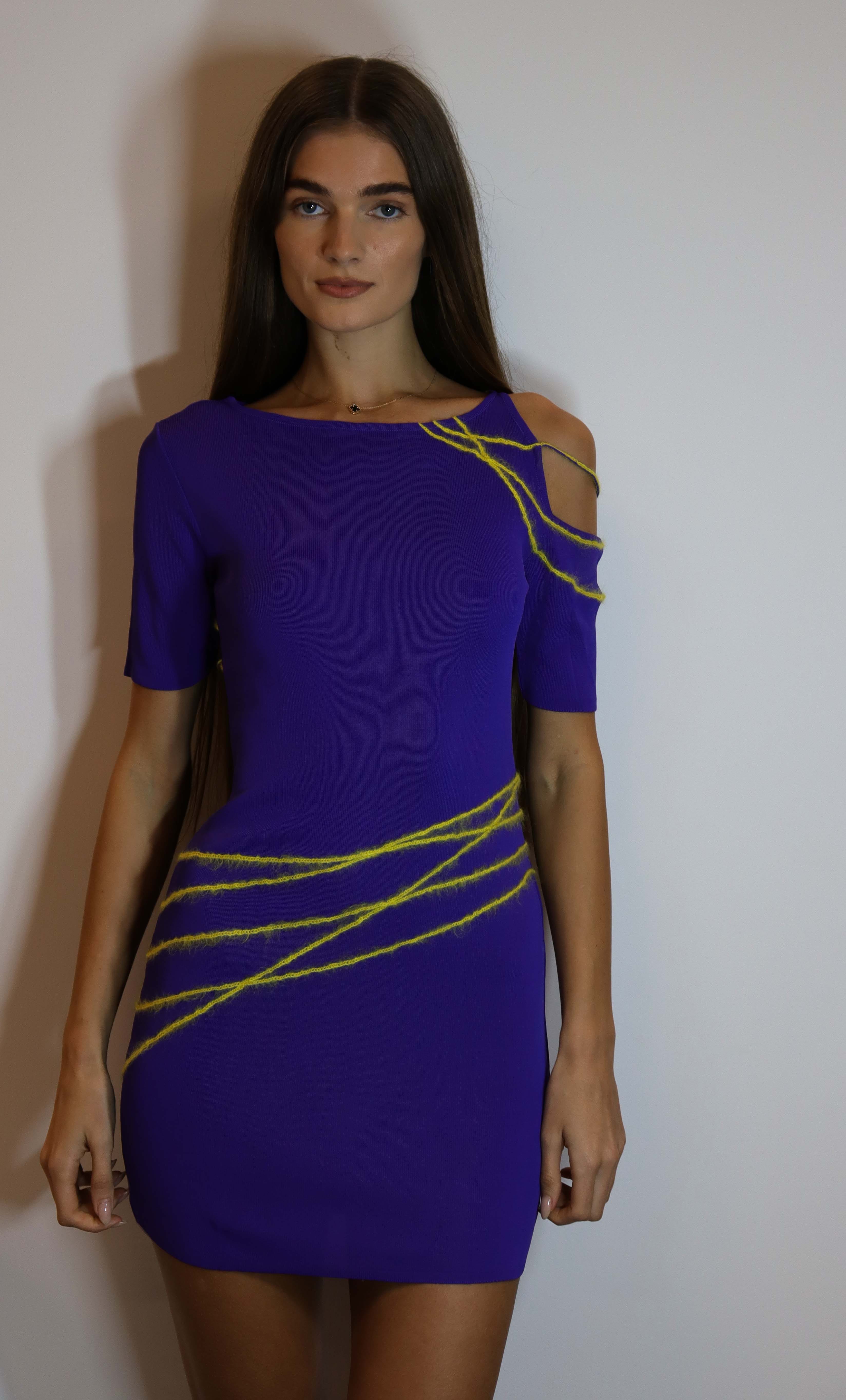 Versace Versace Asymmetry Shoulder Dress Purple Yellow DXBS2014