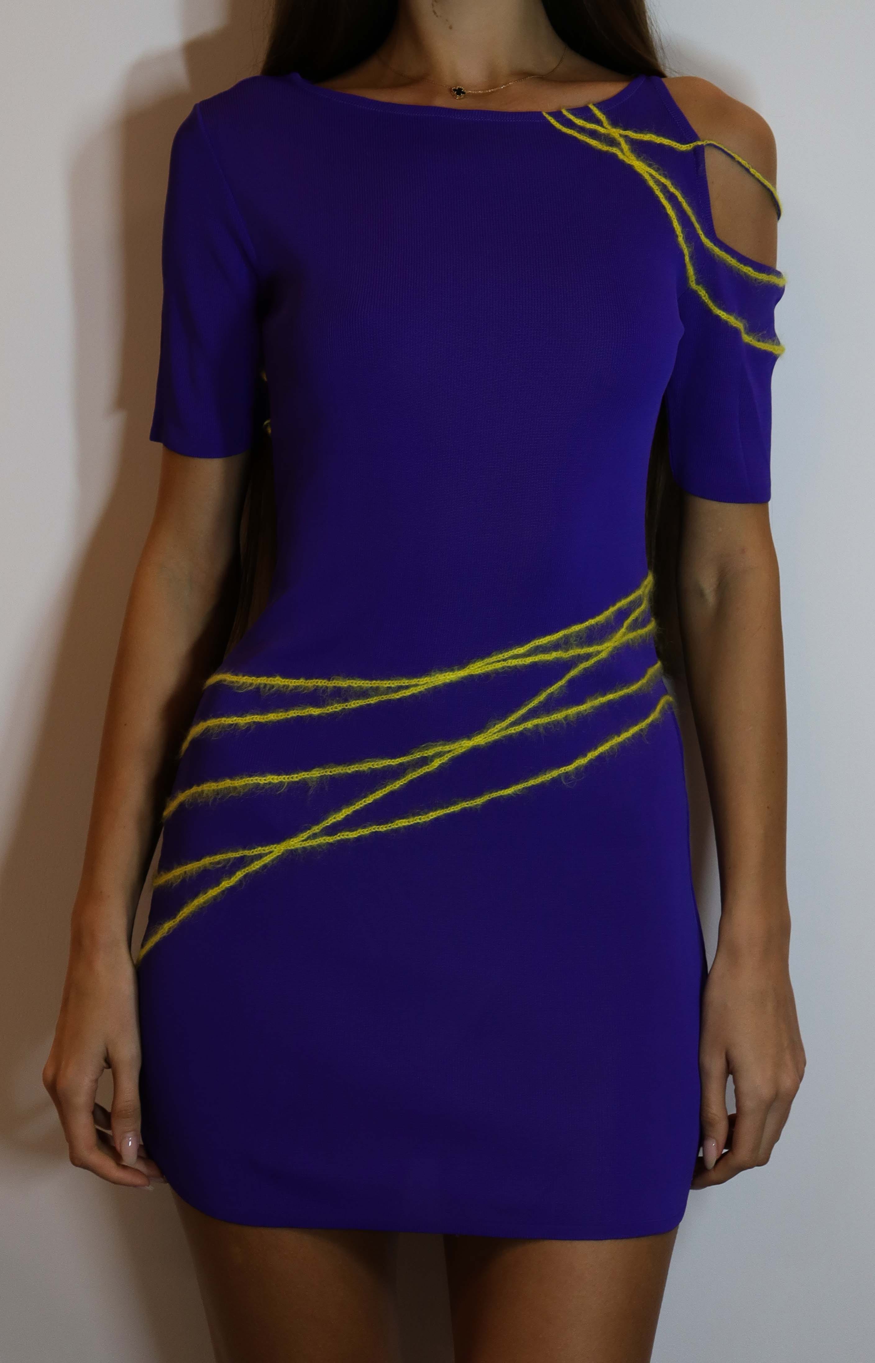 Versace Versace Asymmetry Shoulder Dress Purple Yellow DXBS2014