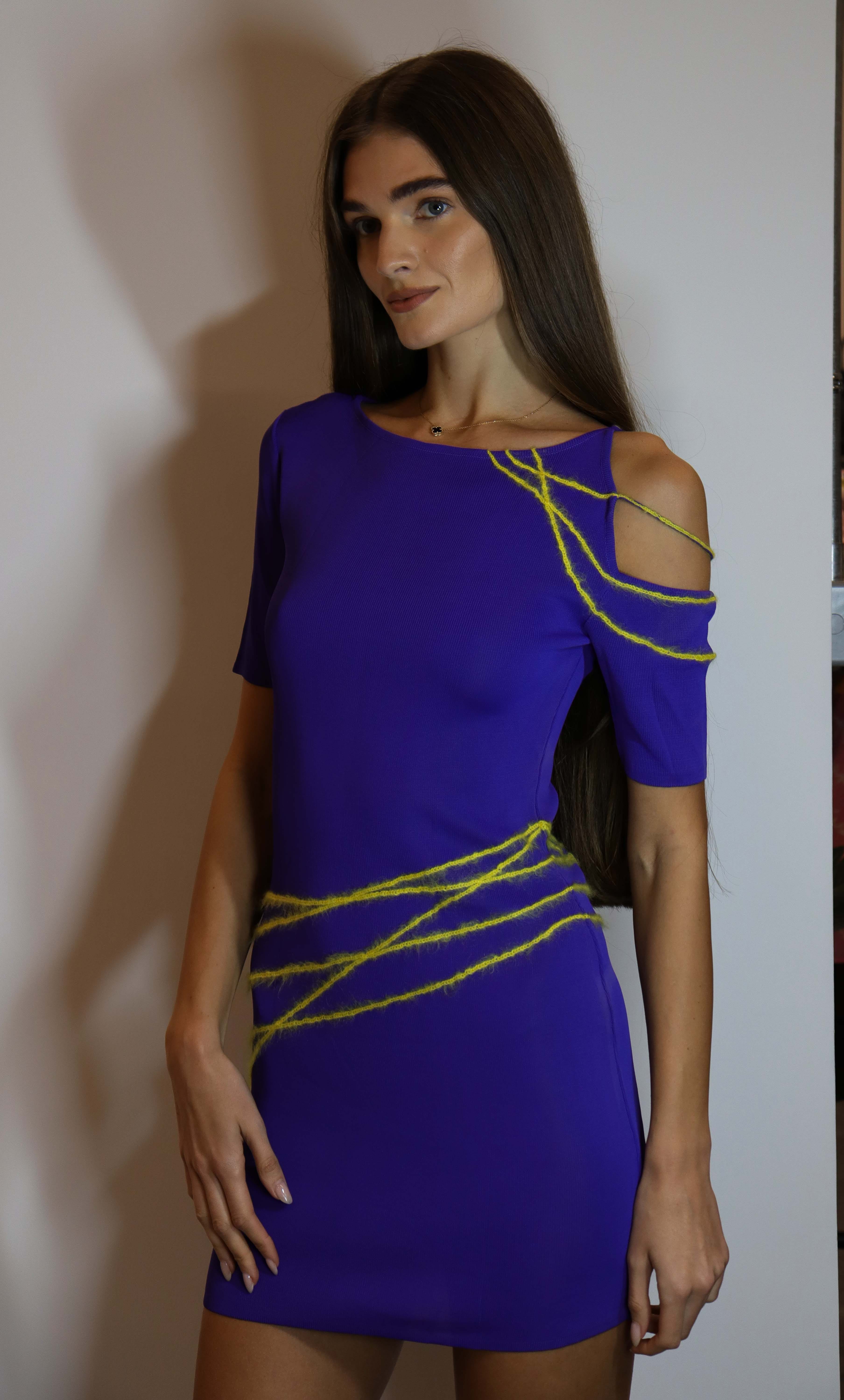 Versace Versace Asymmetry Shoulder Dress Purple Yellow DXBS2014