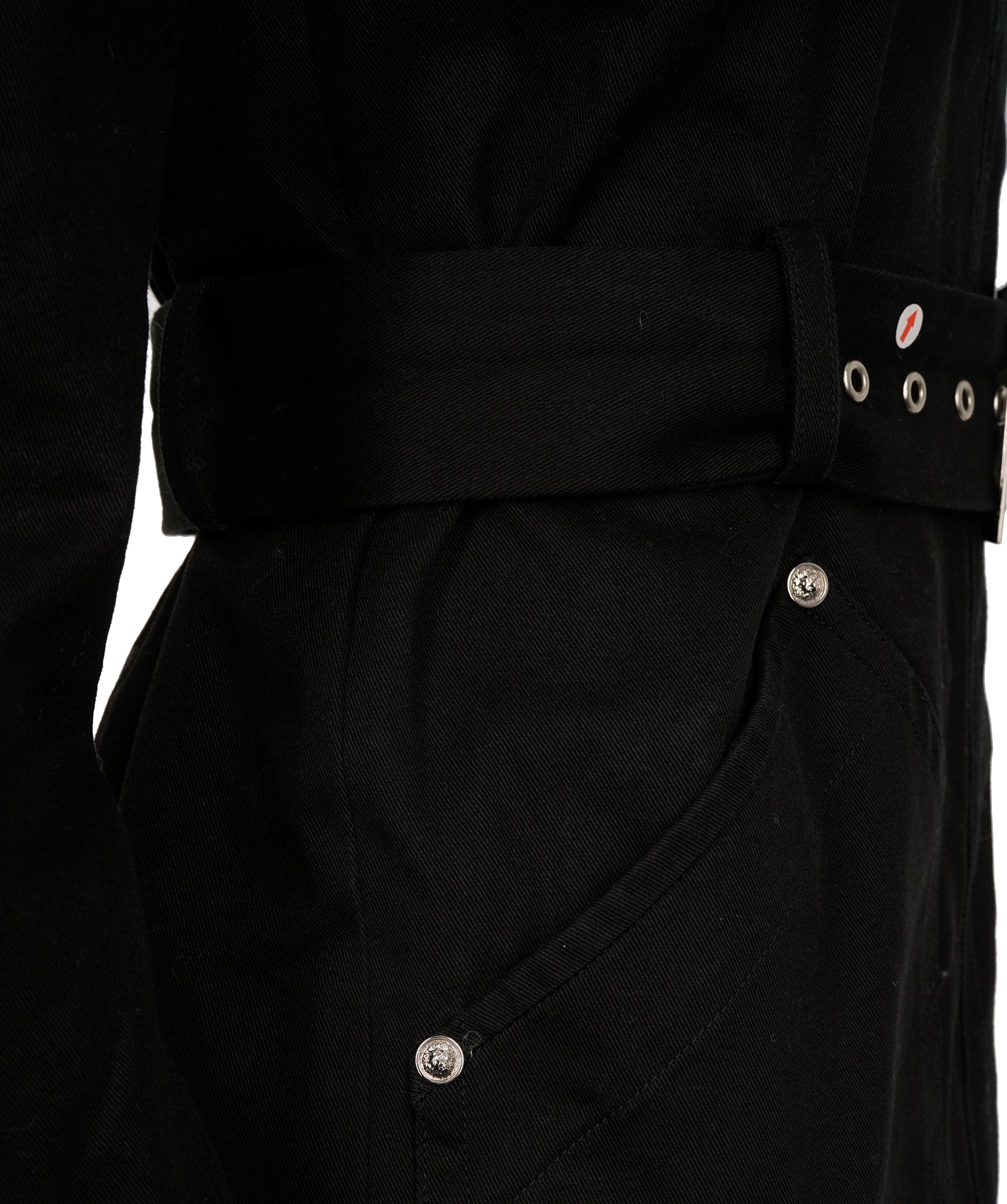 Versace Versus Versace Vintage Black Cotton Lion-Hed Embellished Belted Trench Coat ALC2016