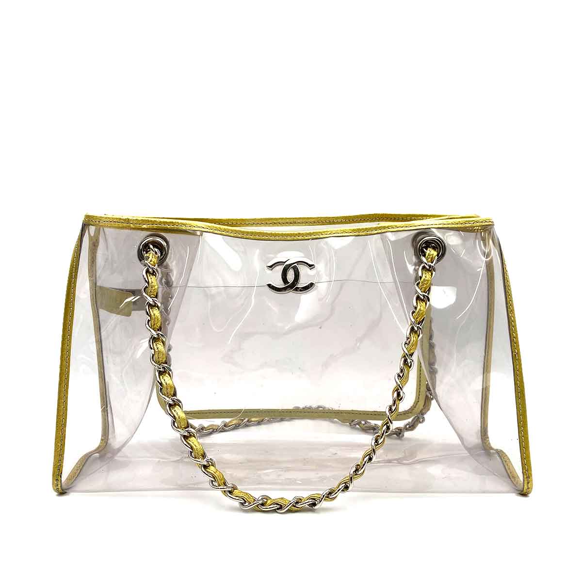 VINTAGE LOVER PURPOSE CHANEL VINTAGE COCOMARK CLEAR CHAIN TOTE BAG GOLD VINYL SHW 90237903