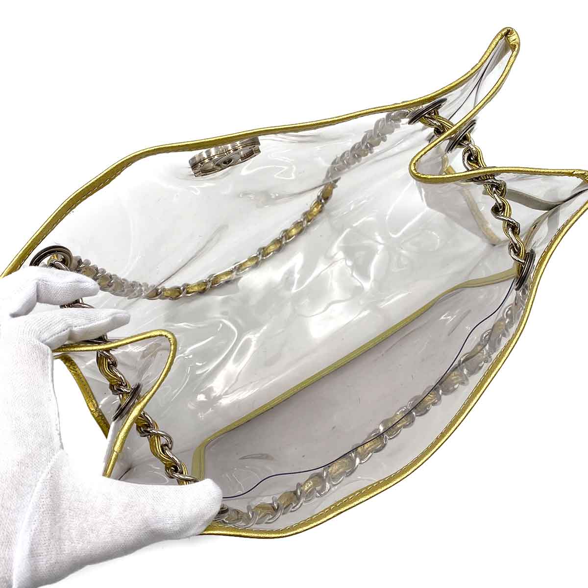 VINTAGE LOVER PURPOSE CHANEL VINTAGE COCOMARK CLEAR CHAIN TOTE BAG GOLD VINYL SHW 90237903