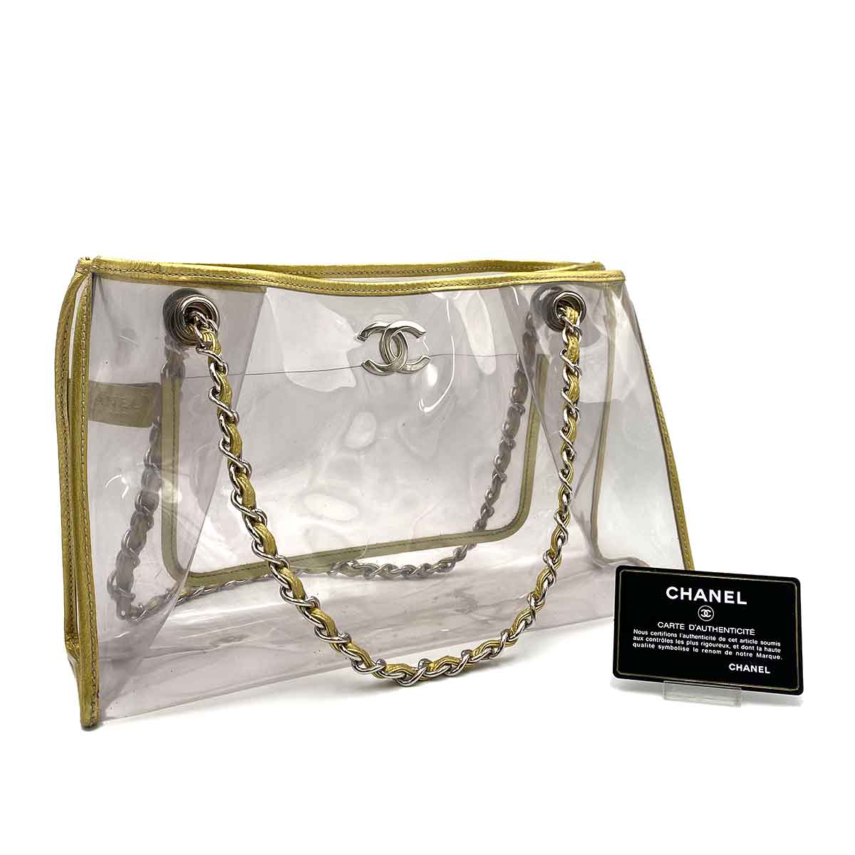 VINTAGE LOVER PURPOSE CHANEL VINTAGE COCOMARK CLEAR CHAIN TOTE BAG GOLD VINYL SHW 90237903