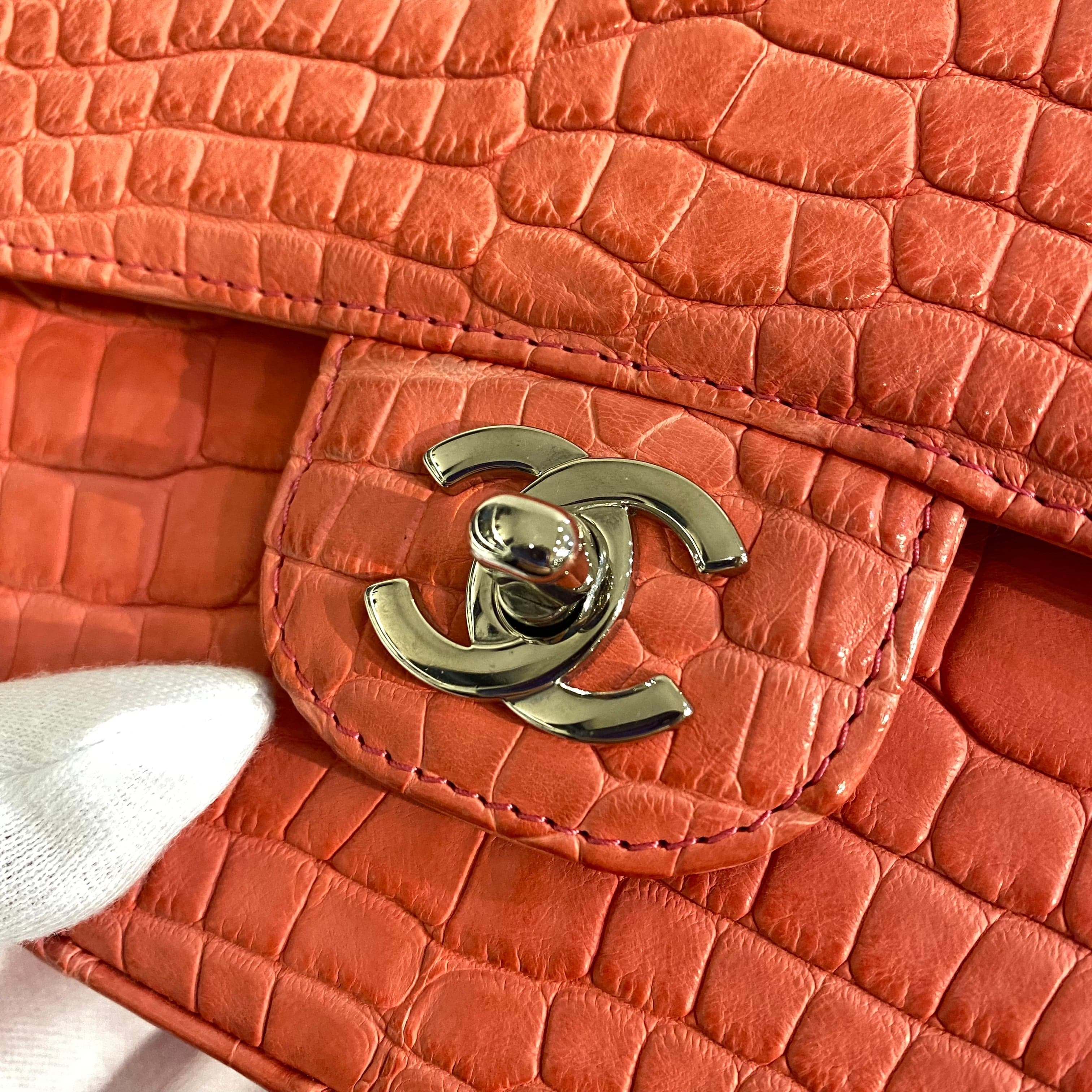 CHANEL VINTAGE DOUBLE FLAP CHAIN SHOULDER BAG PINK CROCODILE